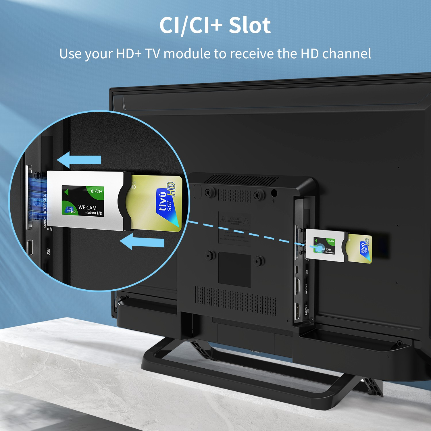 Die Rückseite eines Fernsehers zeigt einen CI/CI+-Steckplatz mit zwei eingesetzten Karten. Text weist auf HD+ Modul für HD-Kanäle hin.