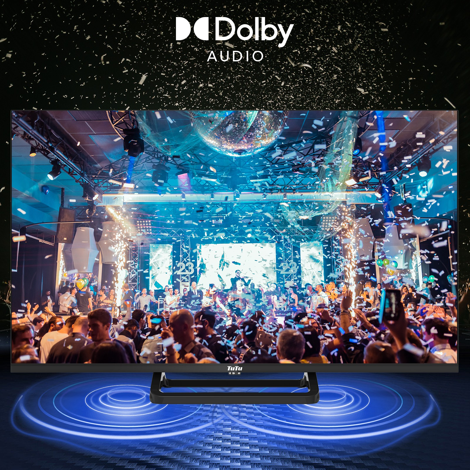 Der Fernseher zeigt eine Partyszene mit Konfetti. Dolby Audio Logo oben. Der Fernseher hat einen schwarzen Ständer und blaue Schallwellen.