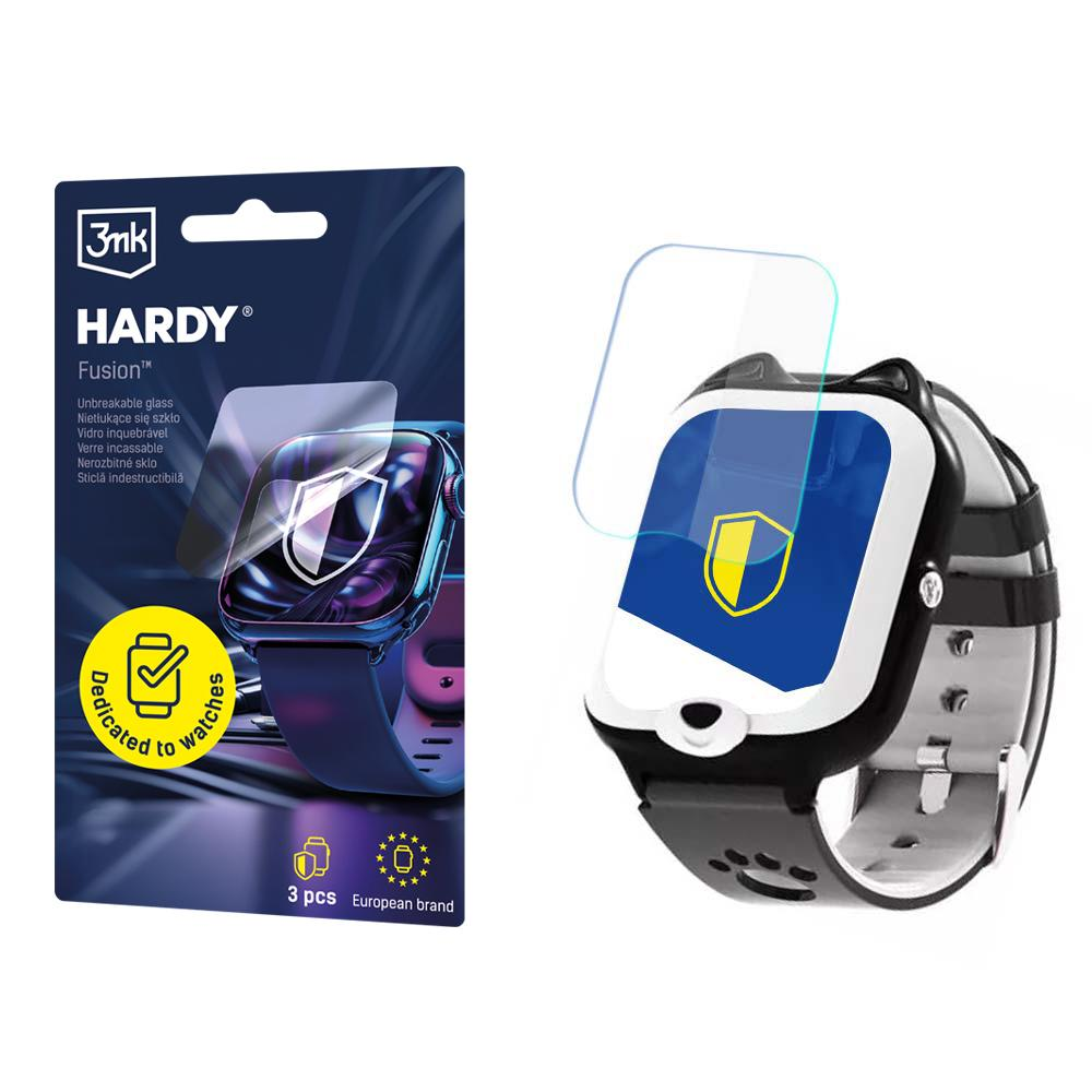 Opakowanie folii ochronnej na ekran smartwatcha z zegarkiem i ochraniaczem. Tekst zawiera 'HARDY' i 'Fusion' oraz '3 szt. europejska marka'.