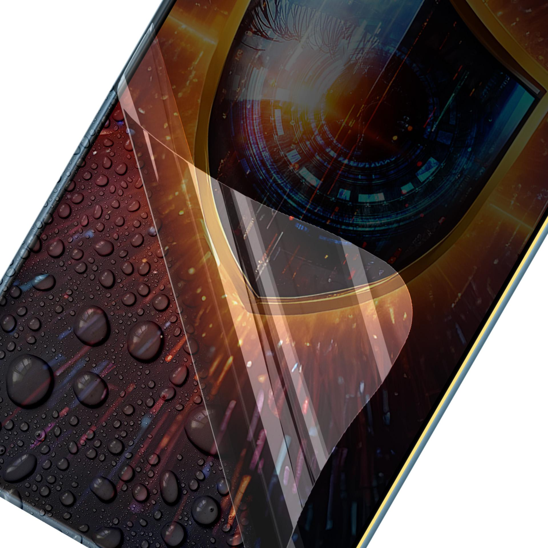 Schermo del telefono con gocce d'acqua. Arte digitale astratta con simbolo dell'occhio e luci della città.