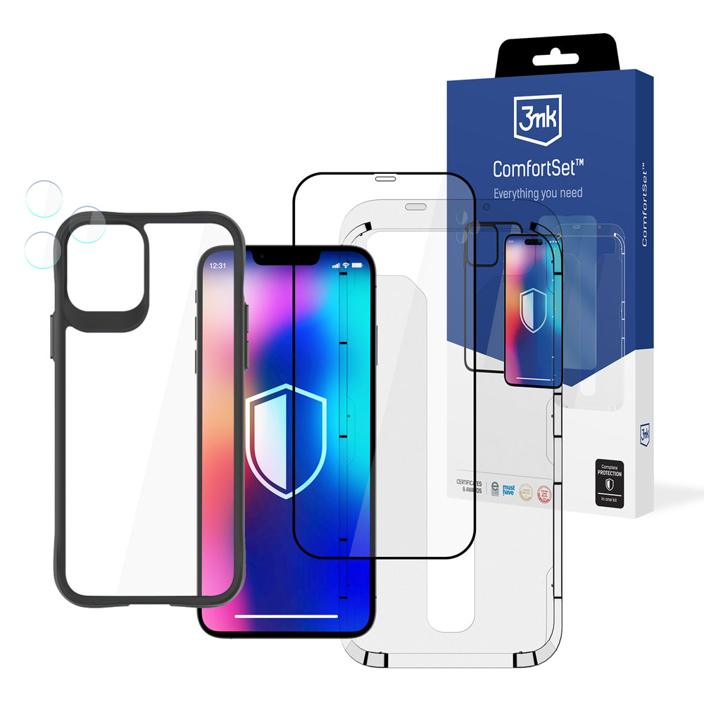Un telefono con protezioni per lo schermo e una custodia, con una scatola del prodotto sullo sfondo, che mostra un set di protezione telefonica.
