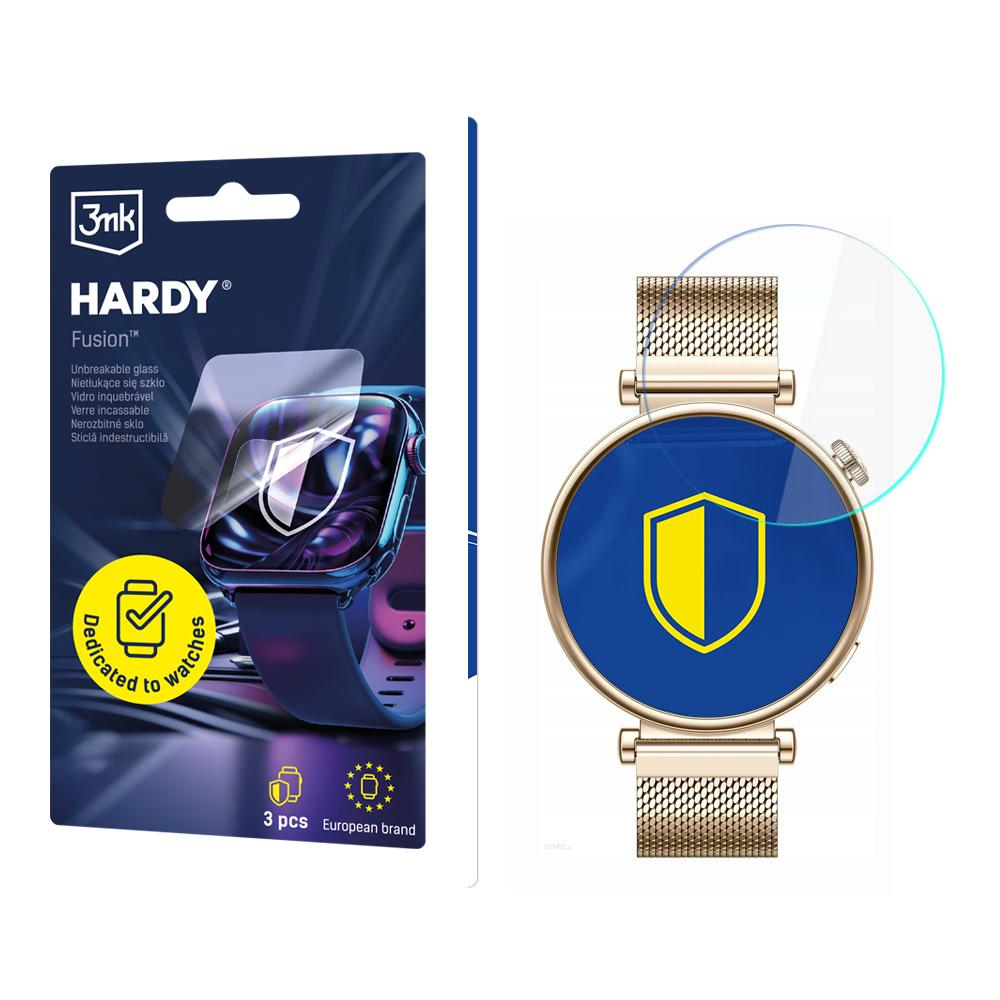 Zegarek i ochraniacz ekranu. Na pudełku ochraniacza ekranu napisano 'HARDY Fusion'. Zegarek ma niebieską tarczę z żółtą tarczą.