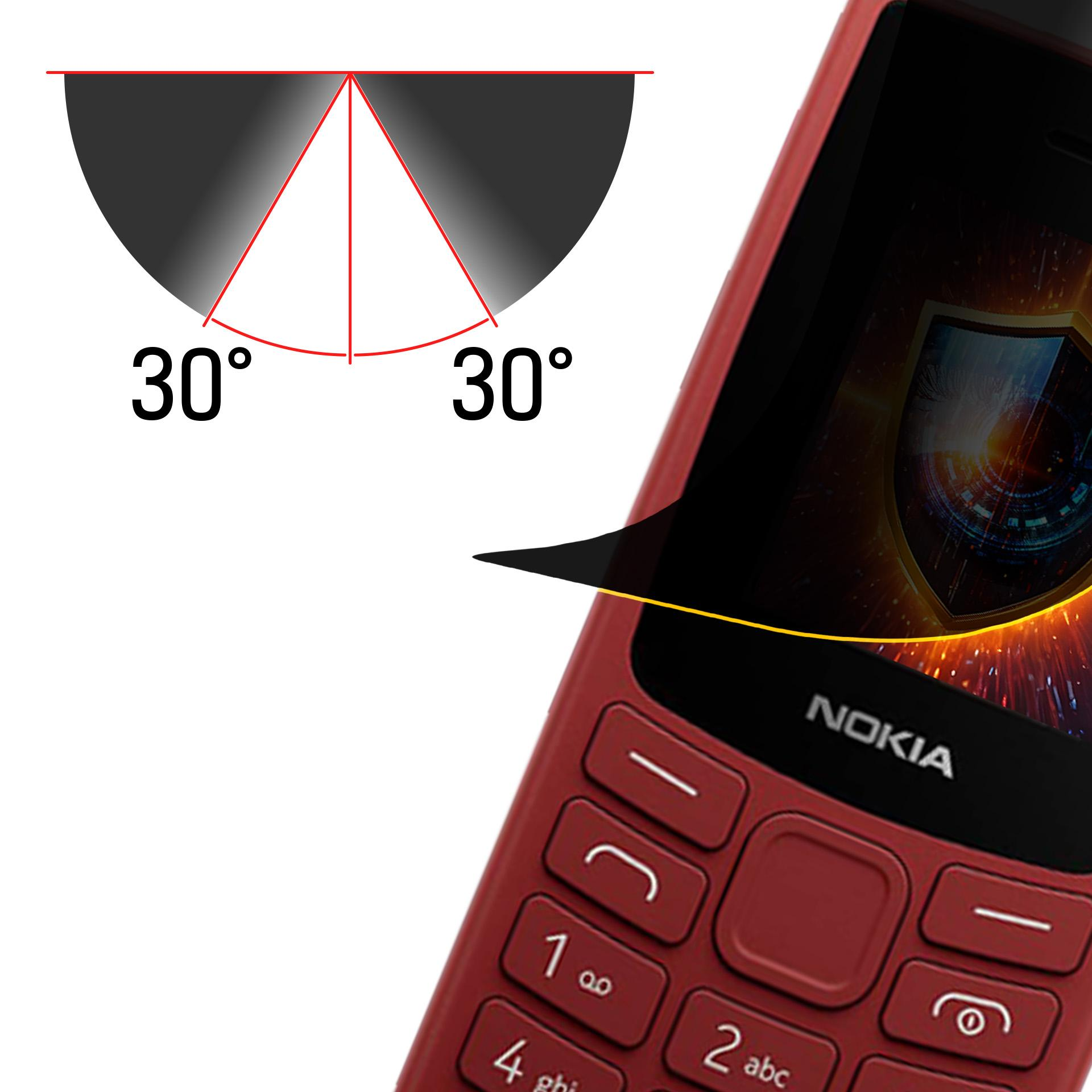 Un telefono Nokia, tasti rossi, con grafica ad angolo di 30 gradi e display scudo digitale.