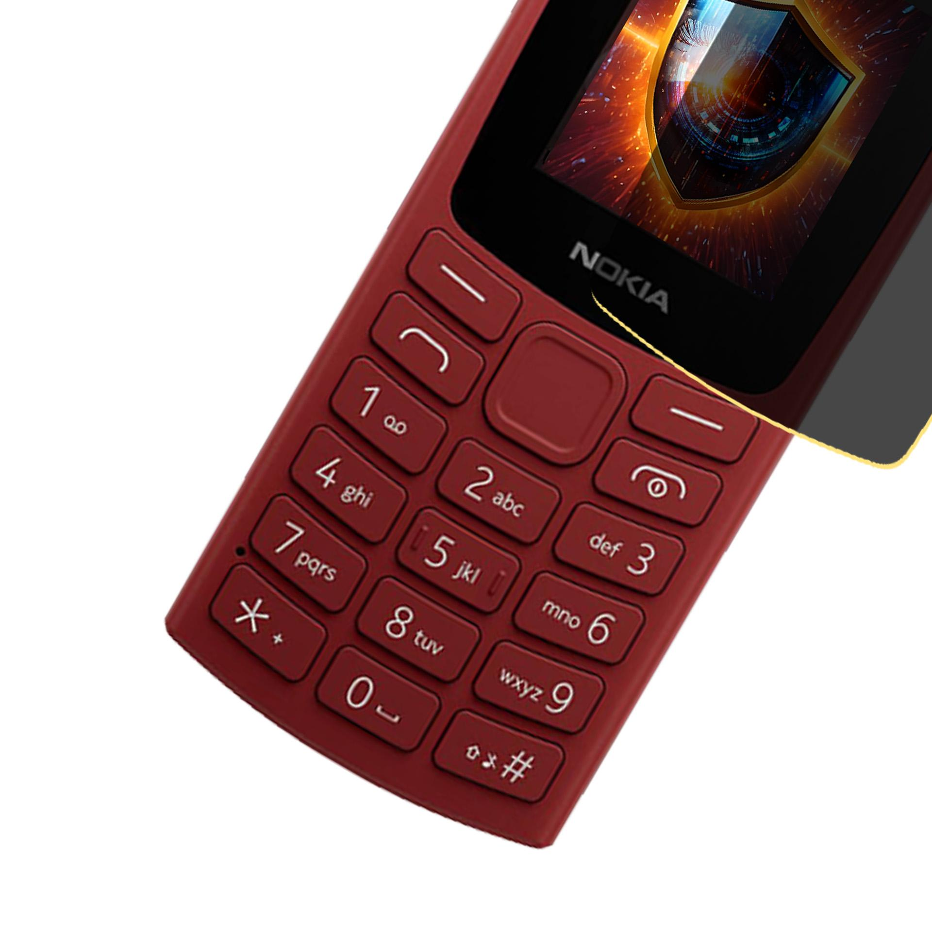 Un telefono Nokia rosso con pulsanti numerici è visualizzato. Lo schermo ha un logo a scudo. Il telefono è angolato.