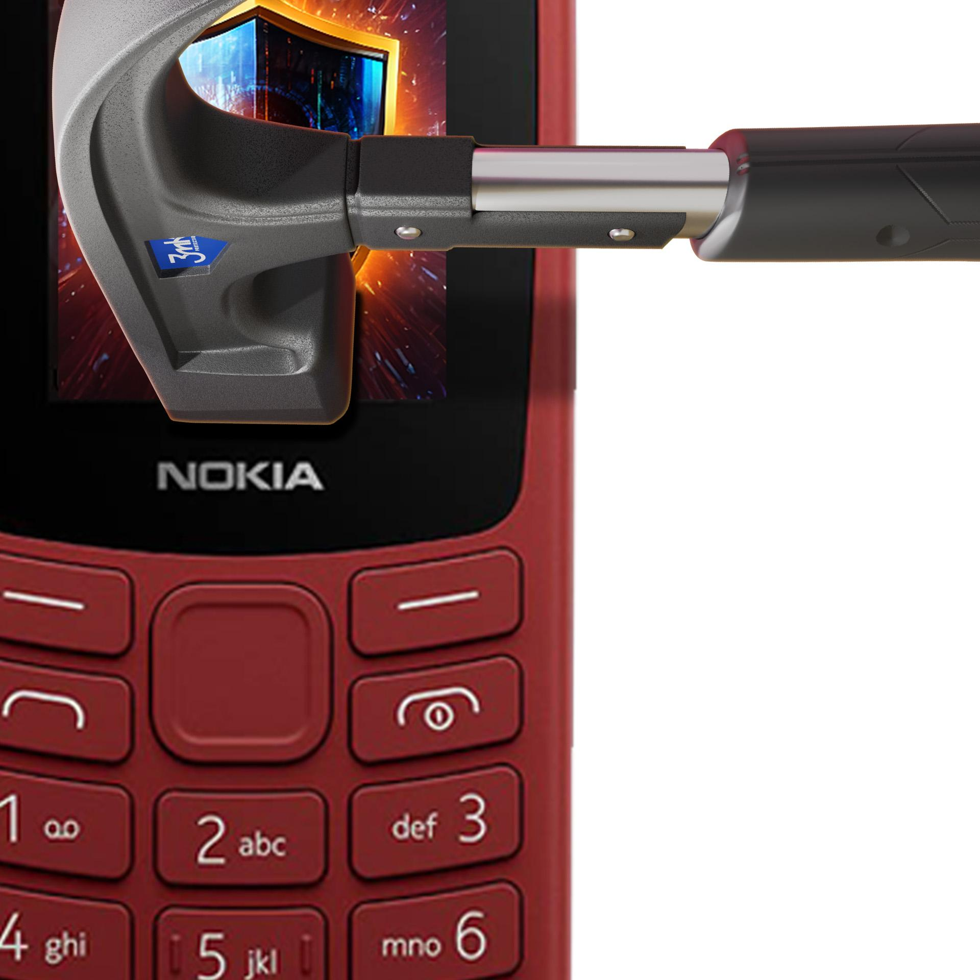 Un telefono Nokia viene testato con uno strumento. Il telefono è rosso con dettagli neri. Uno strumento è posizionato sullo schermo.