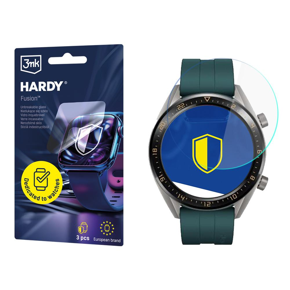 Smartwatch z opakowaniem ochronnym ekranu. Opakowanie zawiera tekst: HARDY Fusion, nietłukące szkło. Zegarek ma zielony pasek.