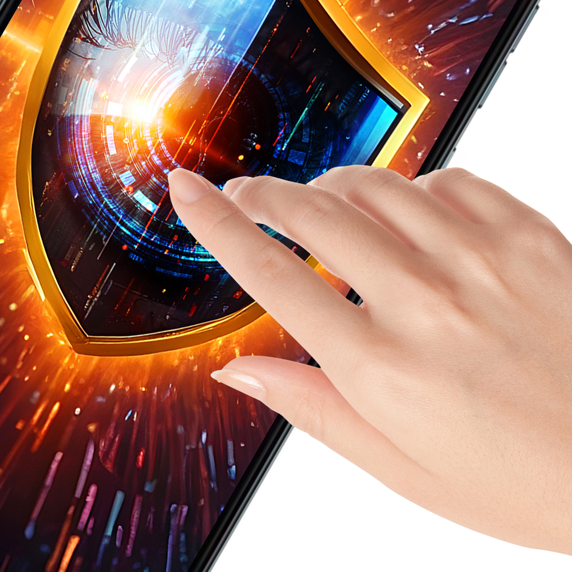 Una mano tocca lo schermo del telefono. Lo schermo mostra uno scudo digitale con luci blu e arancioni.