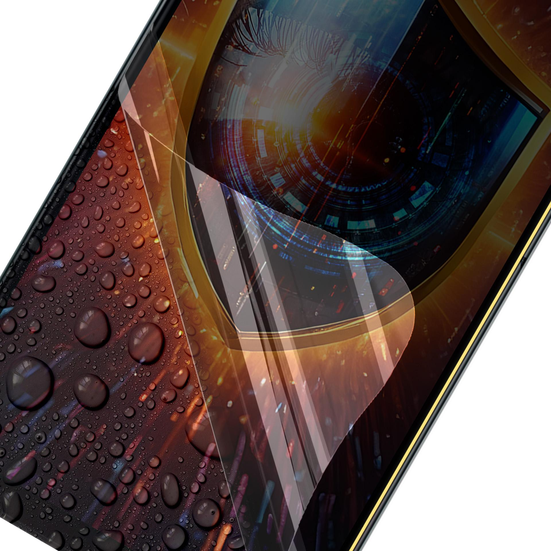 Primo piano di uno schermo del telefono con gocce d'acqua. Lo schermo mostra un design a forma di occhio.