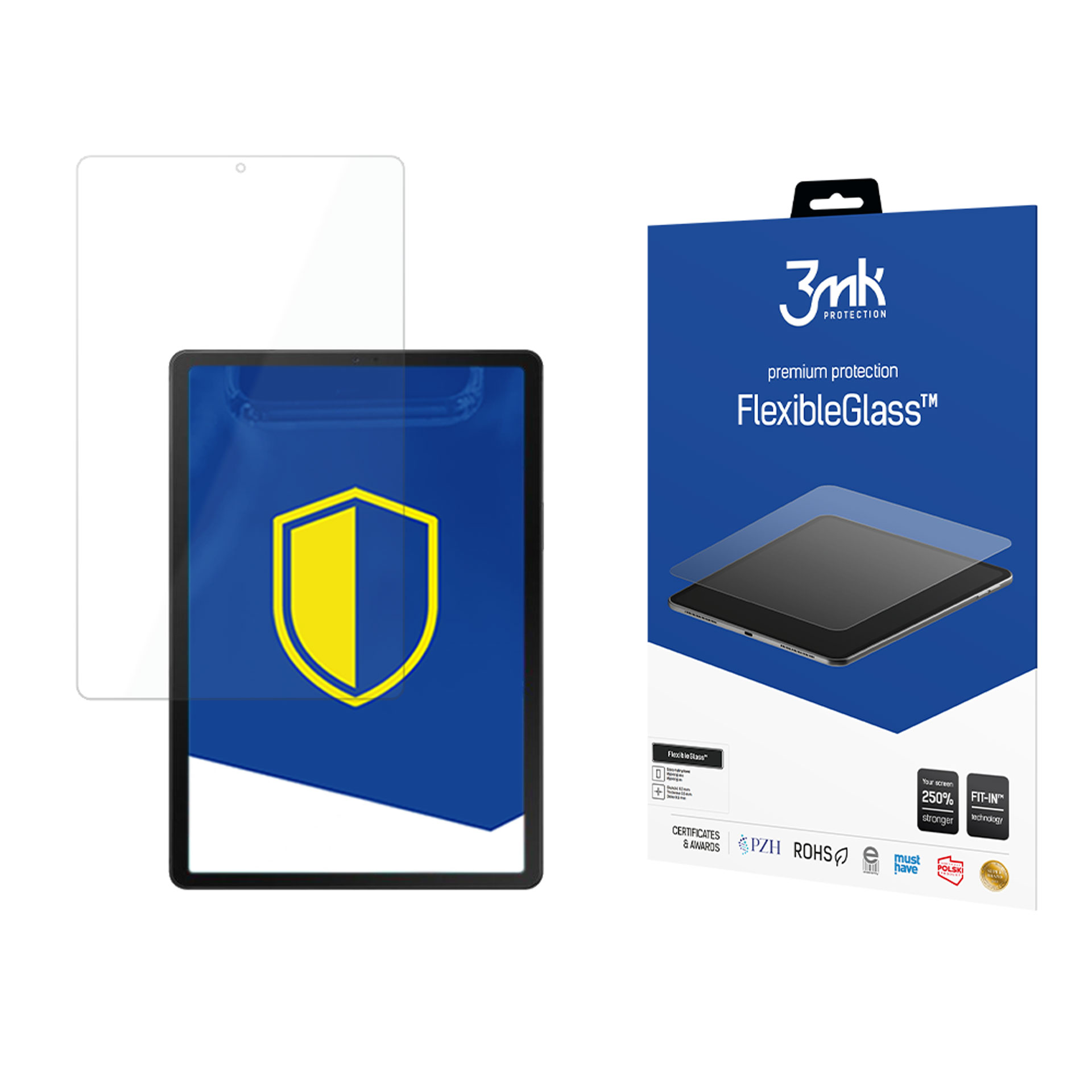 Tablet con protezione schermo. Scatola con nome 'FlexibleGlass'. Logo scudo sullo schermo. Sfondo bianco.