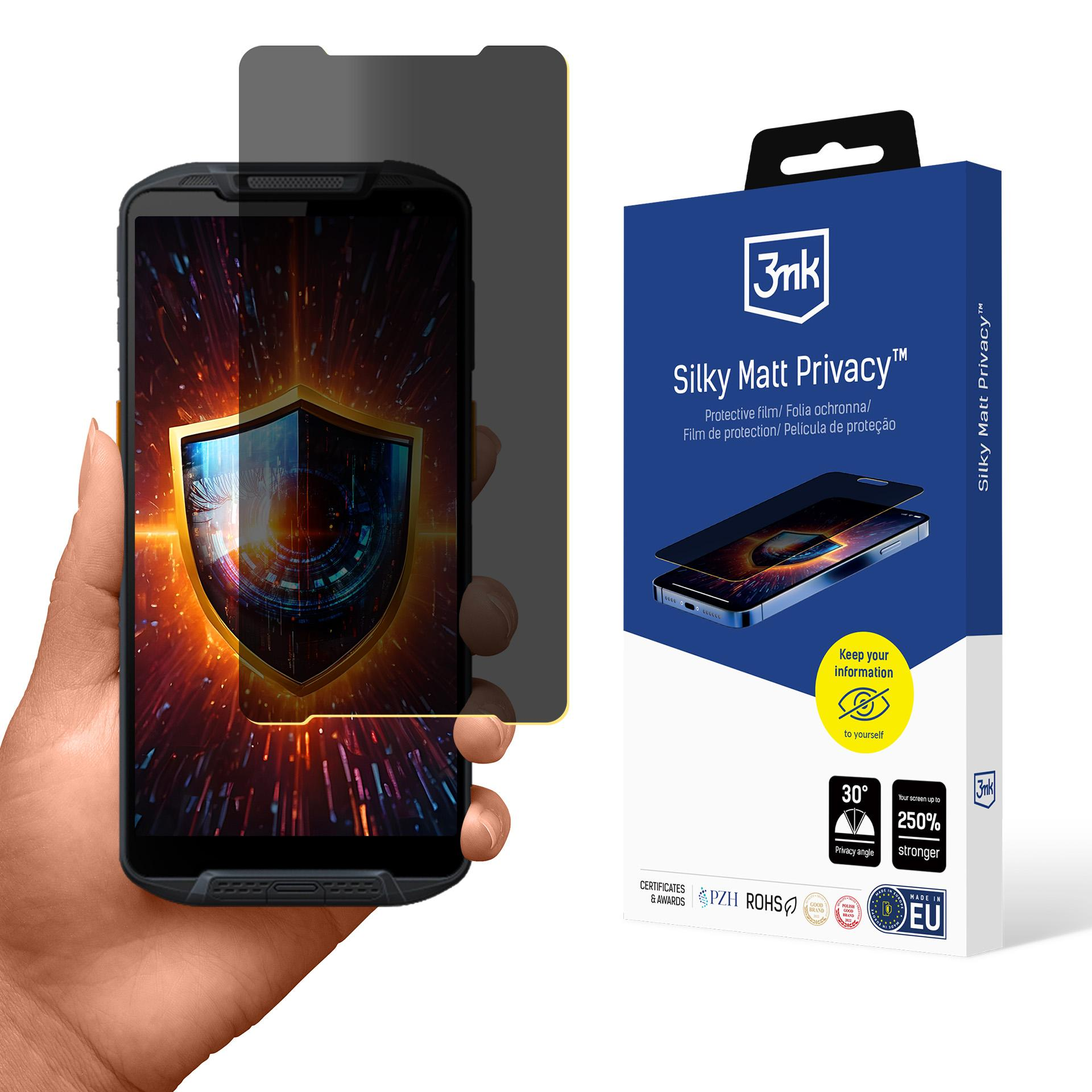 Una mano tiene un telefono con uno schermo per la privacy. Una scatola con 'Silky Matt Privacy' è a destra. La scena è ben illuminata.