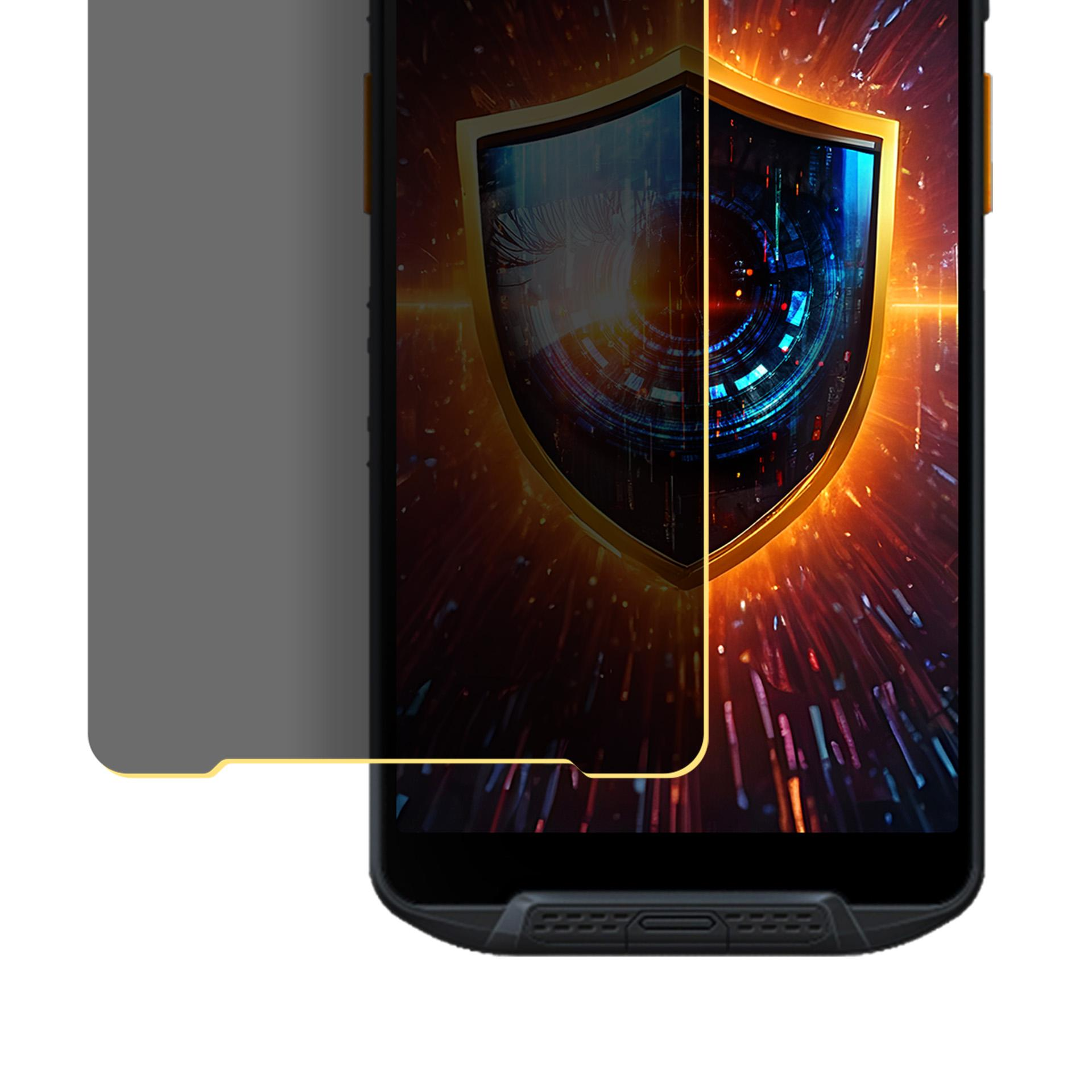 Uno smartphone con una protezione schermo che mostra un design a scudo con un occhio, con sfumature arancioni e blu.