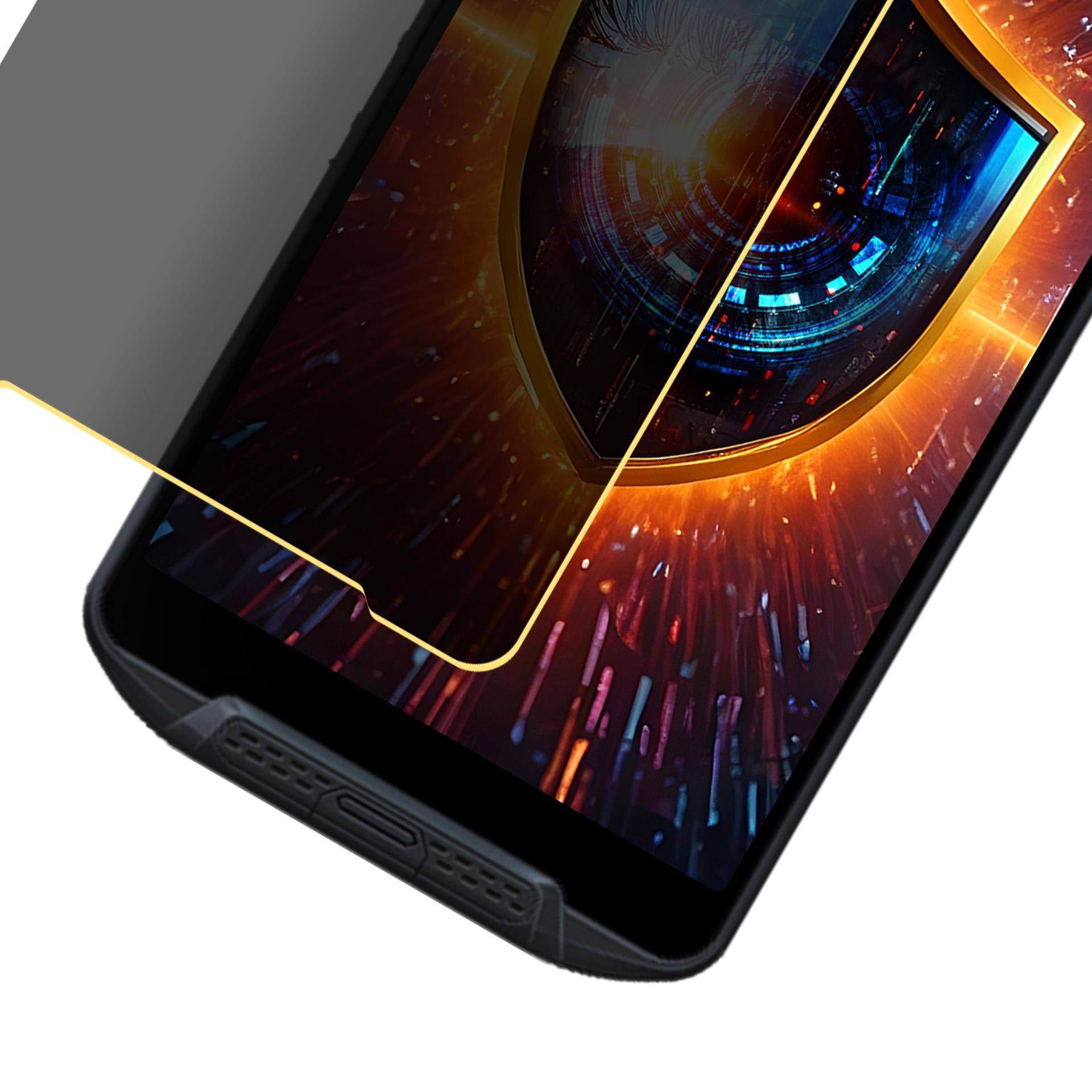 Primo piano di un telefono con protezione schermo. Lo schermo mostra un design a scudo con sfondo digitale.