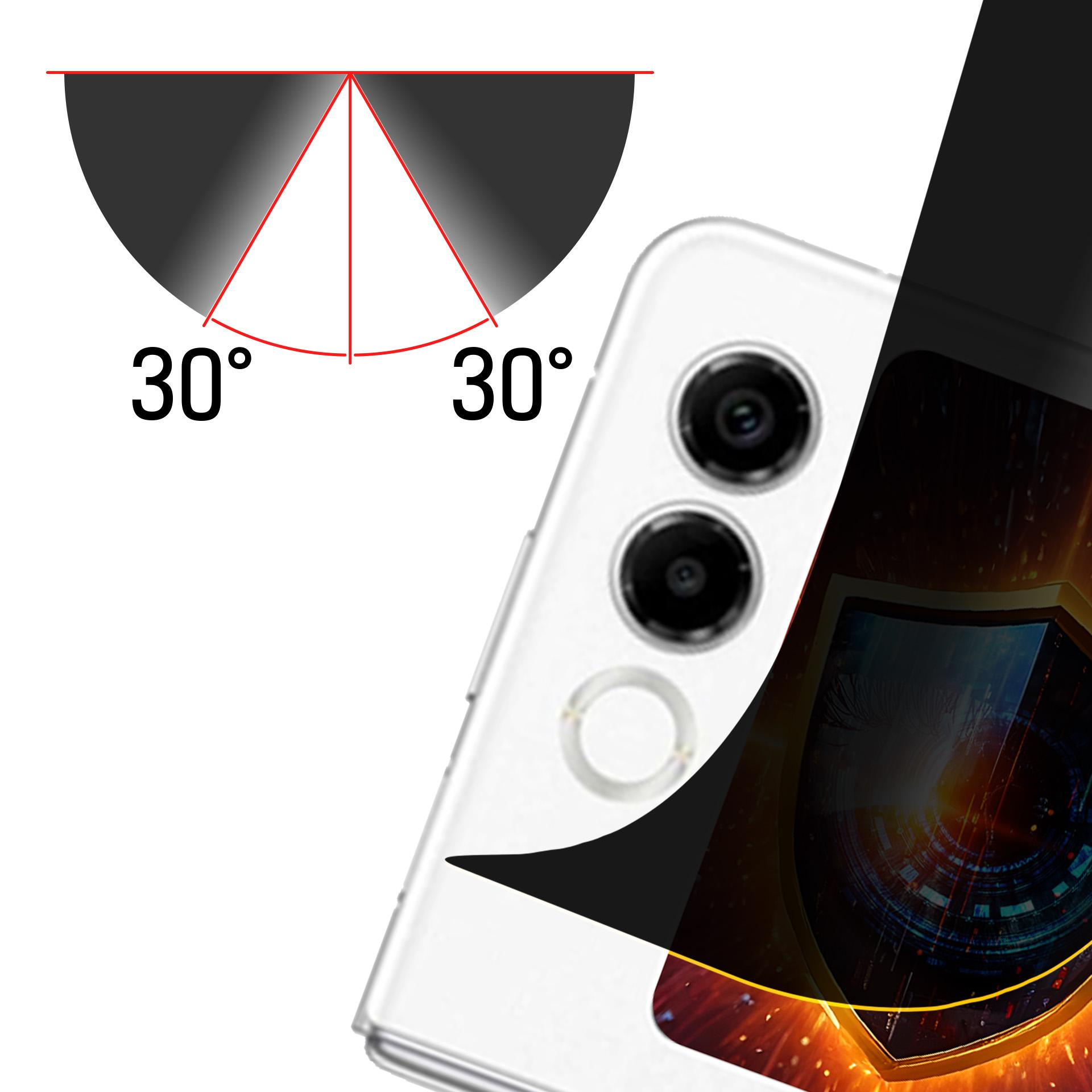 Telefono parzialmente visibile. Design nero sovrappone una sezione. Grafica: angoli di 30° e sfondo nero.
