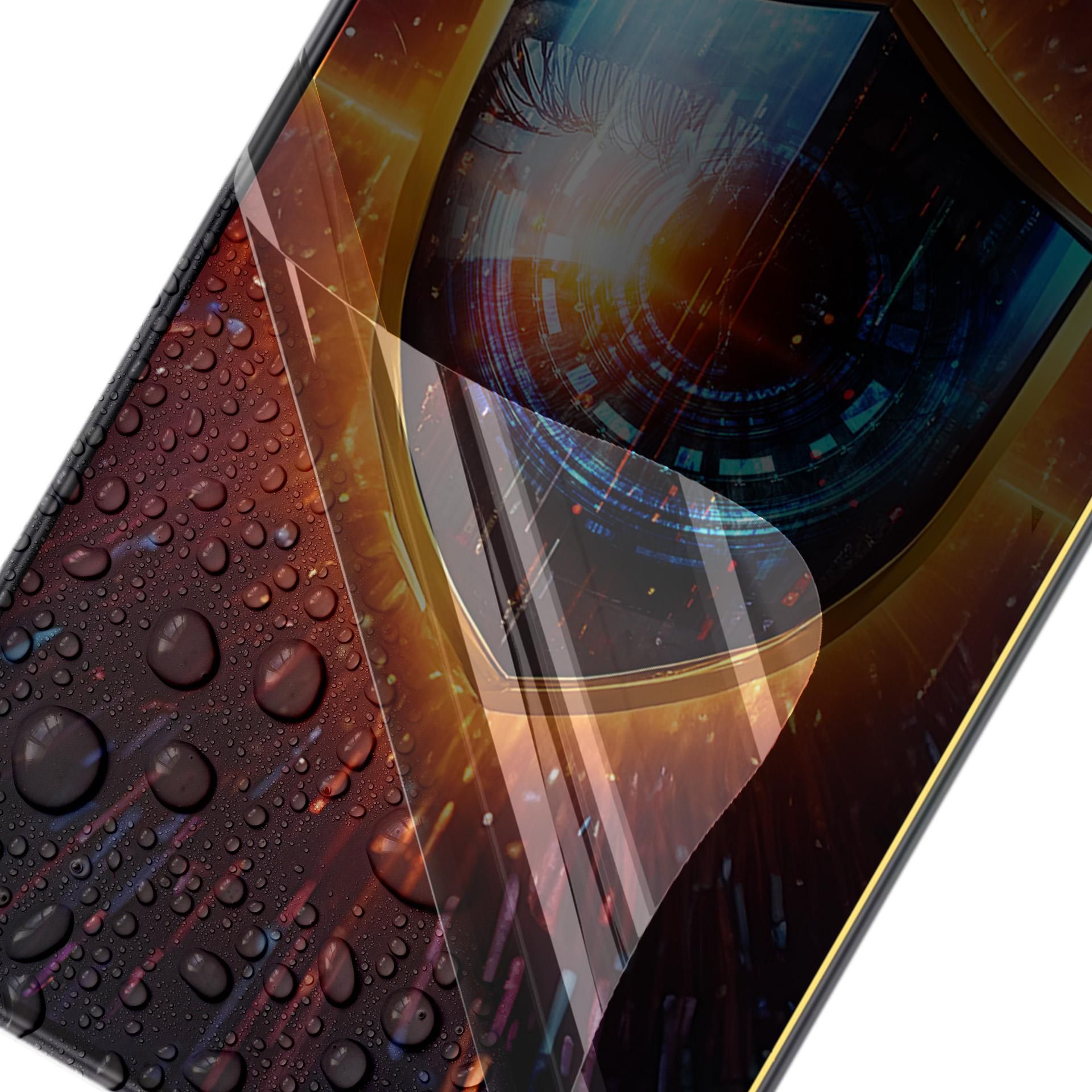 Primo piano di uno schermo del telefono con gocce d'acqua. Lo schermo mostra un occhio e forme astratte brillanti.
