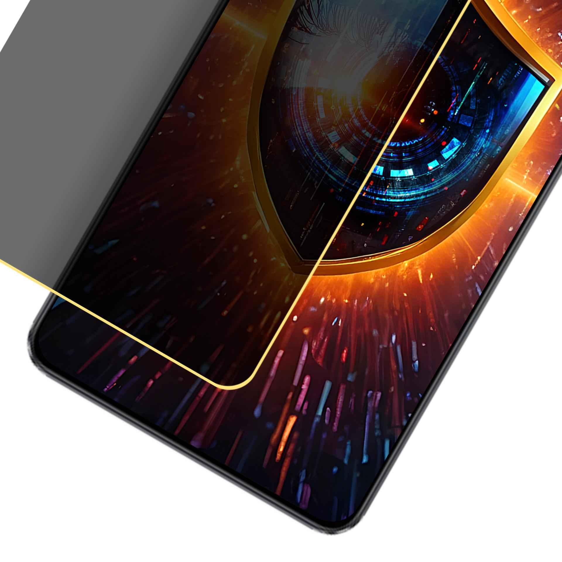 Schermo di smartphone con design a scudo, sovrapposto con uno schermo privacy. Lo schermo mostra un motivo complesso e colorato.