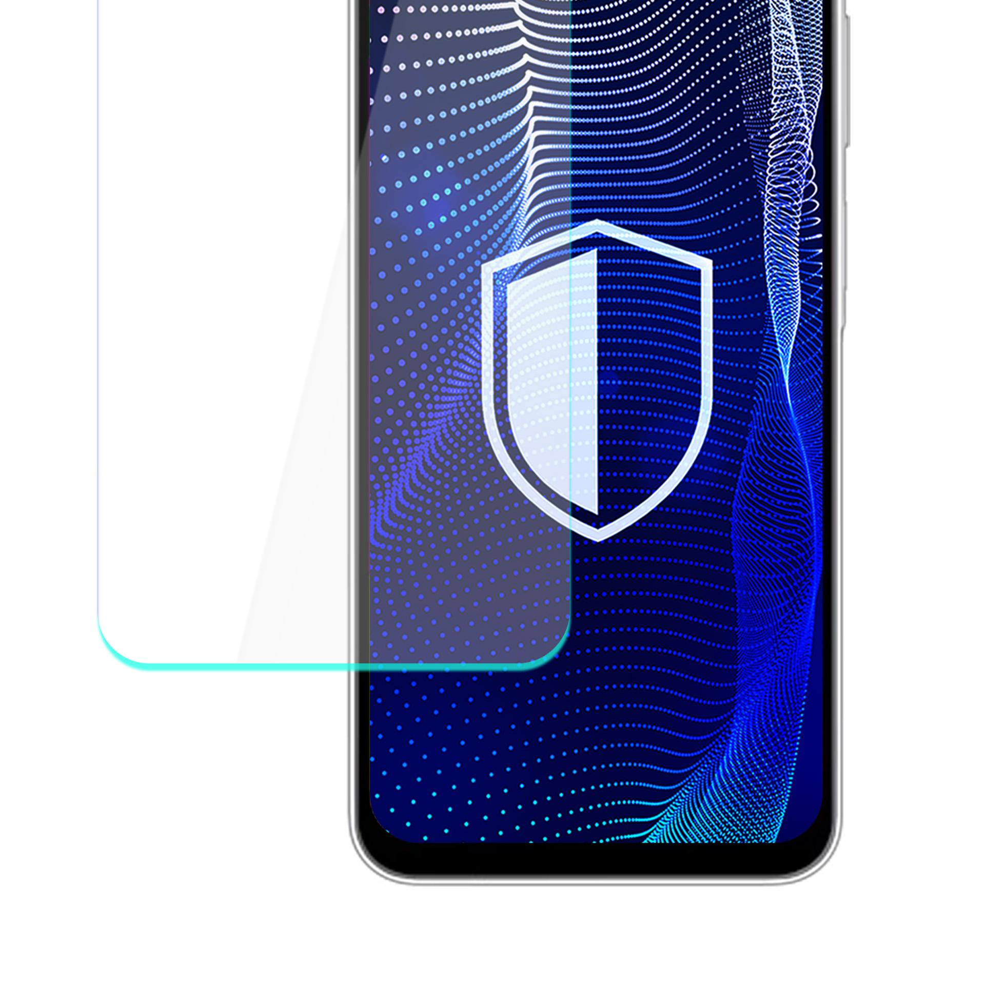Ekran telefonu z nałożonym ochraniaczem ekranu. Ikona tarczy znajduje się na ekranie, nad niebieskim wzorem fal.