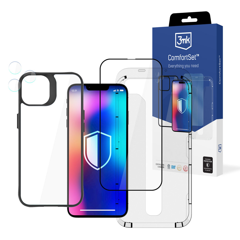 Un telefono e delle protezioni per lo schermo sono in mostra. È visibile anche una scatola con il logo ComfortSet, con lo schermo del telefono che mostra uno scudo.