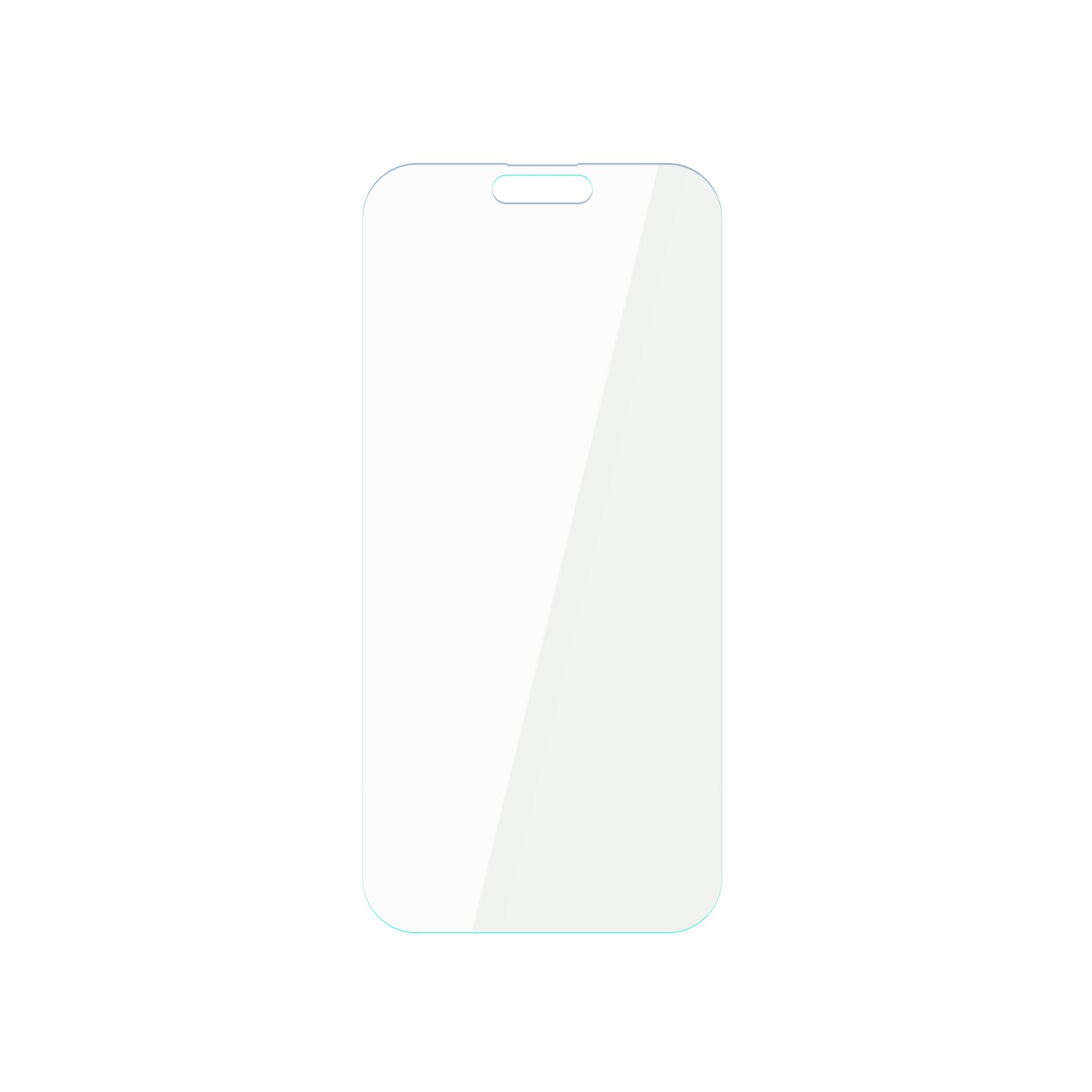 Una protezione schermo per telefono, contorno azzurro. Il bordo superiore ha una piccola tacca. Sfondo bianco.