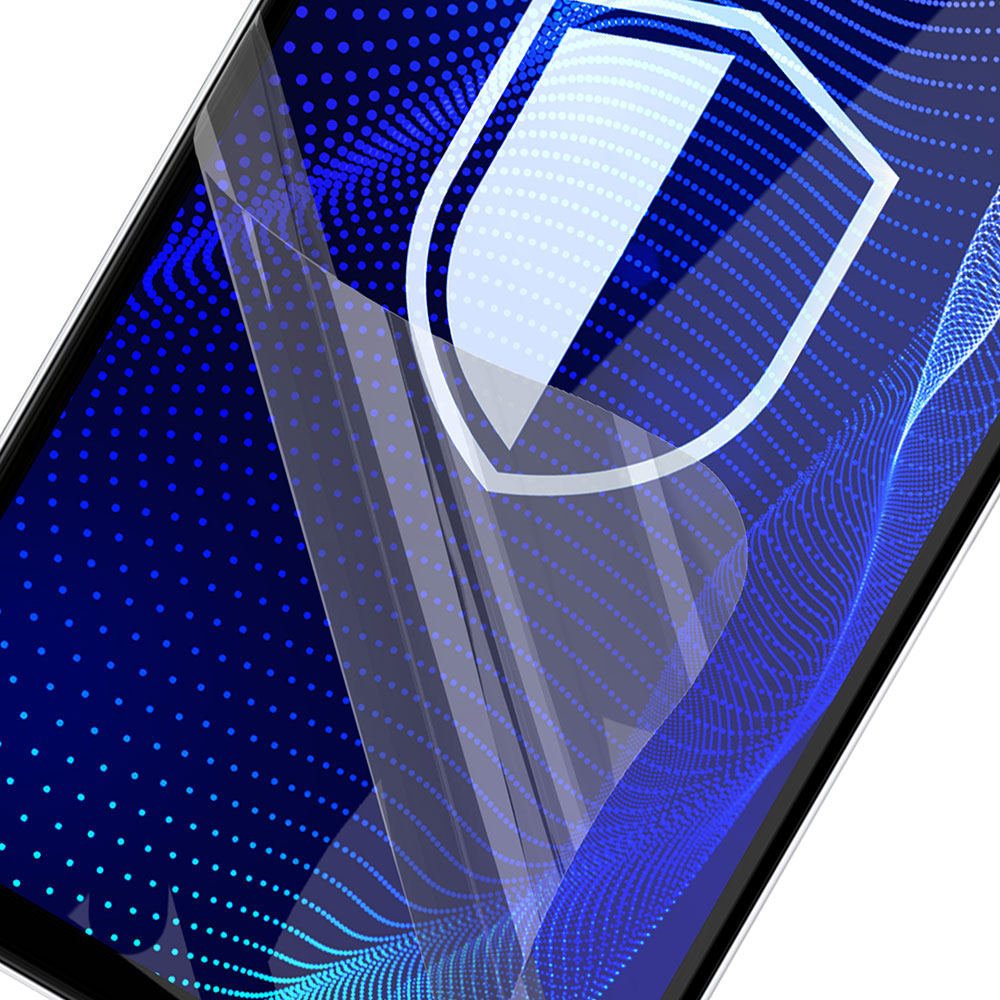 Uno schermo del telefono con un'icona a scudo protettivo. Punti blu creano un motivo a onde. Lo scudo è bianco.