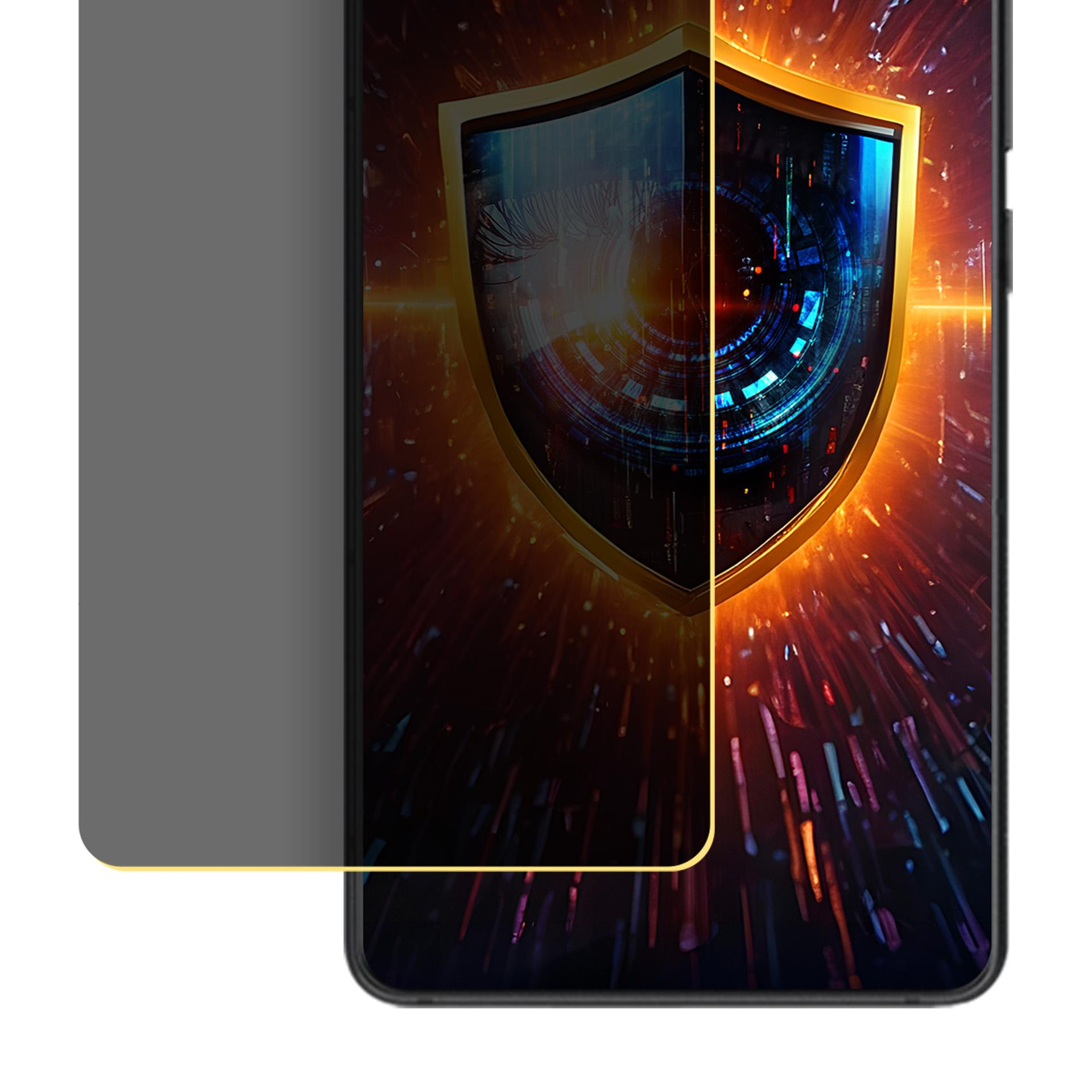 Schermo dello smartphone con un'icona a scudo. Uno schermo privacy è a sinistra. Lo sfondo è rosso e arancione.