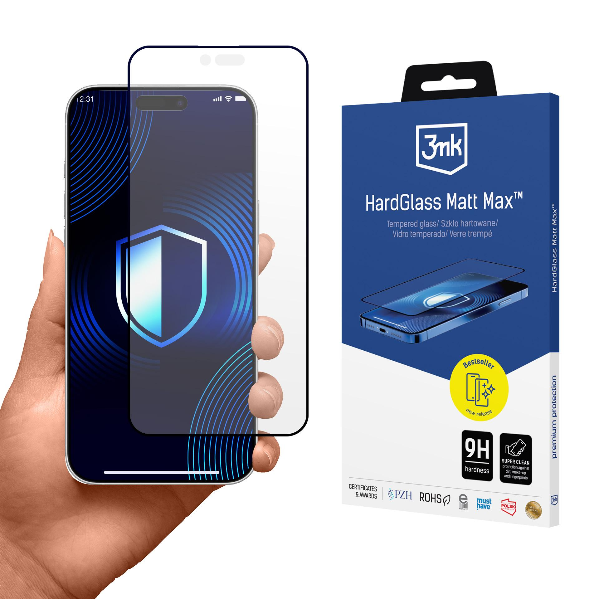 Mano che tiene un telefono con protezione schermo e confezione. Il telefono mostra uno scudo. La confezione è blu.