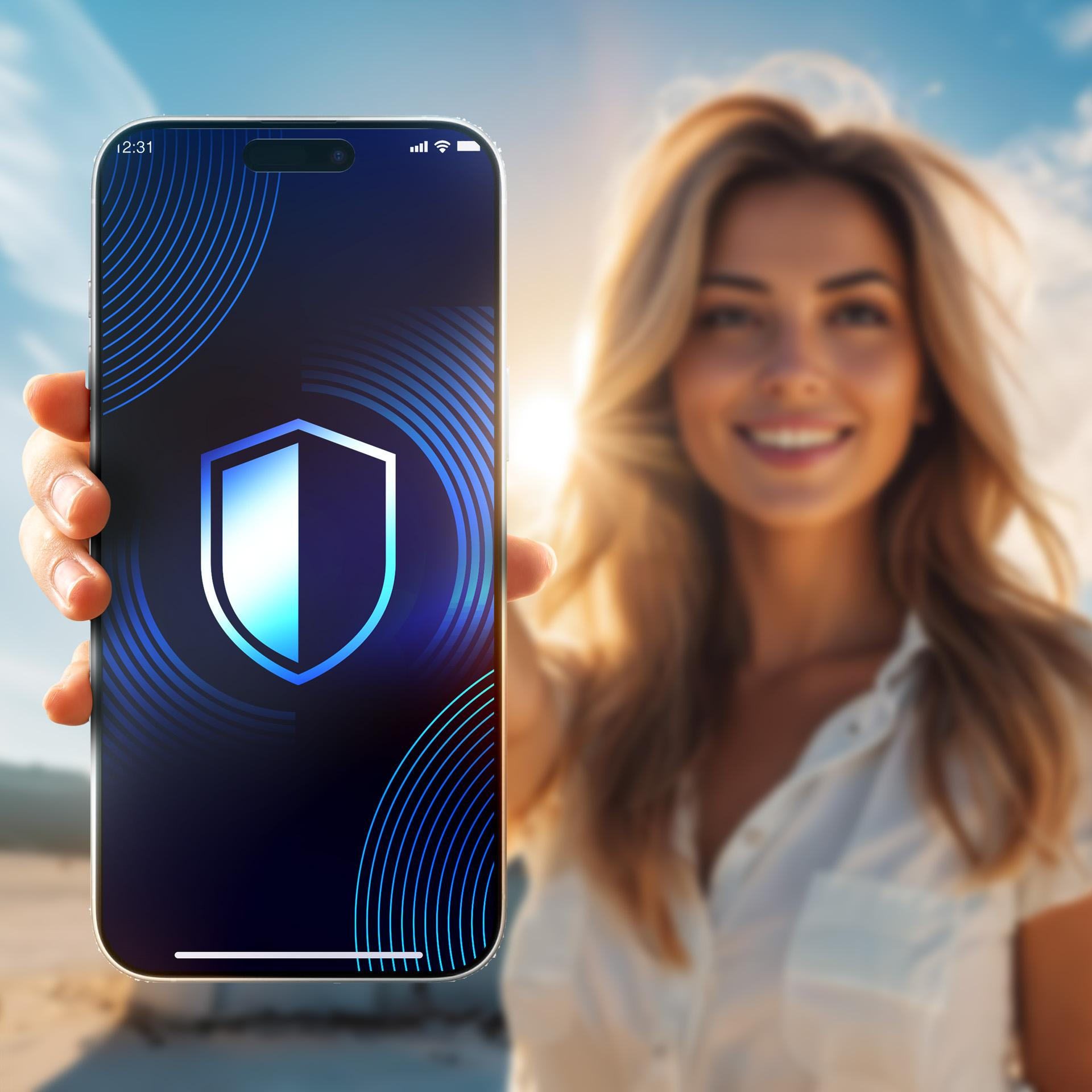 Una donna tiene in mano un telefono che mostra l'icona di uno scudo. Lo sfondo è una spiaggia sfocata con cielo blu.