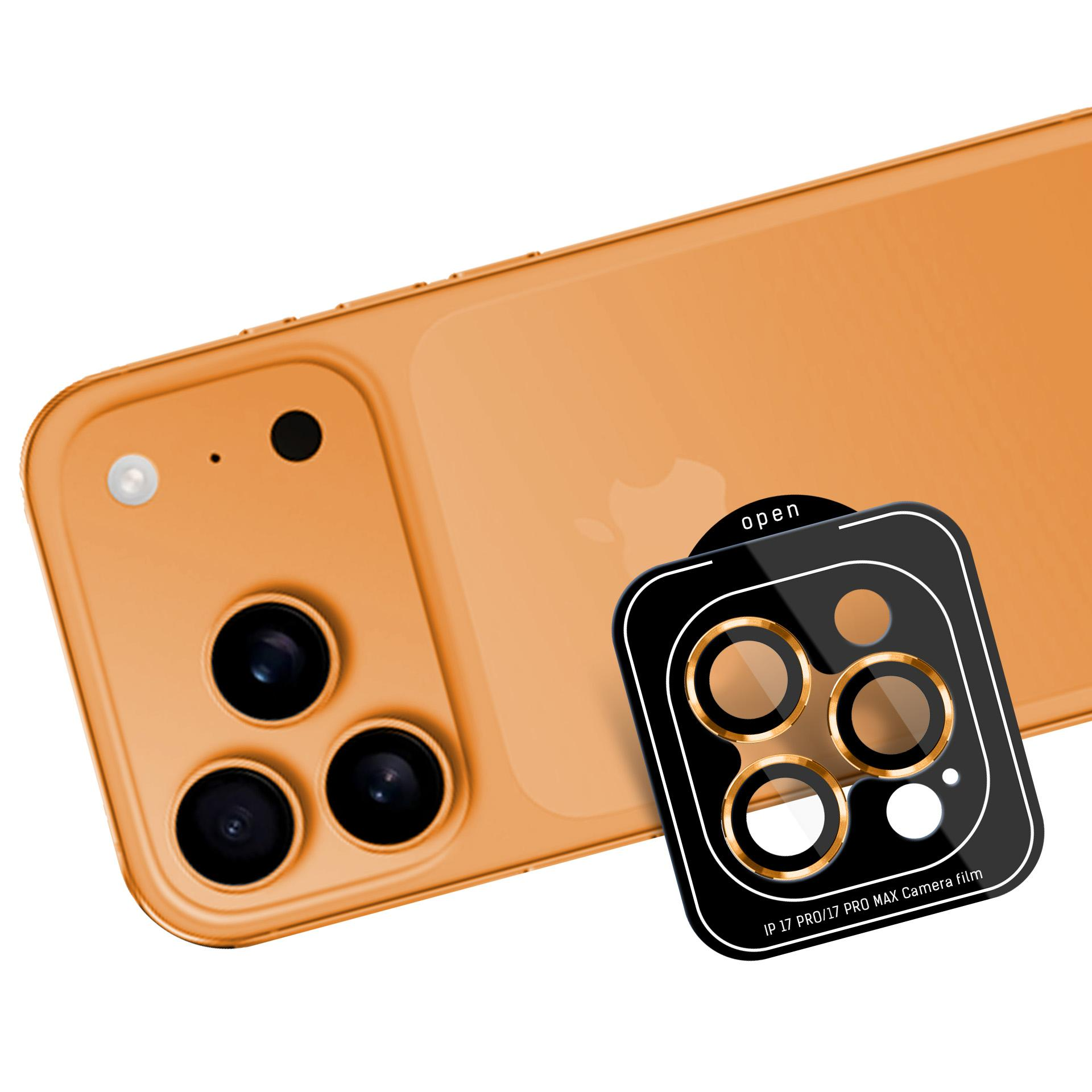 Un iPhone arancione con una protezione per l'obiettivo nera. La protezione ha anelli dorati e legge 'IP 17 PRO/17 PRO MAX Camera film'.