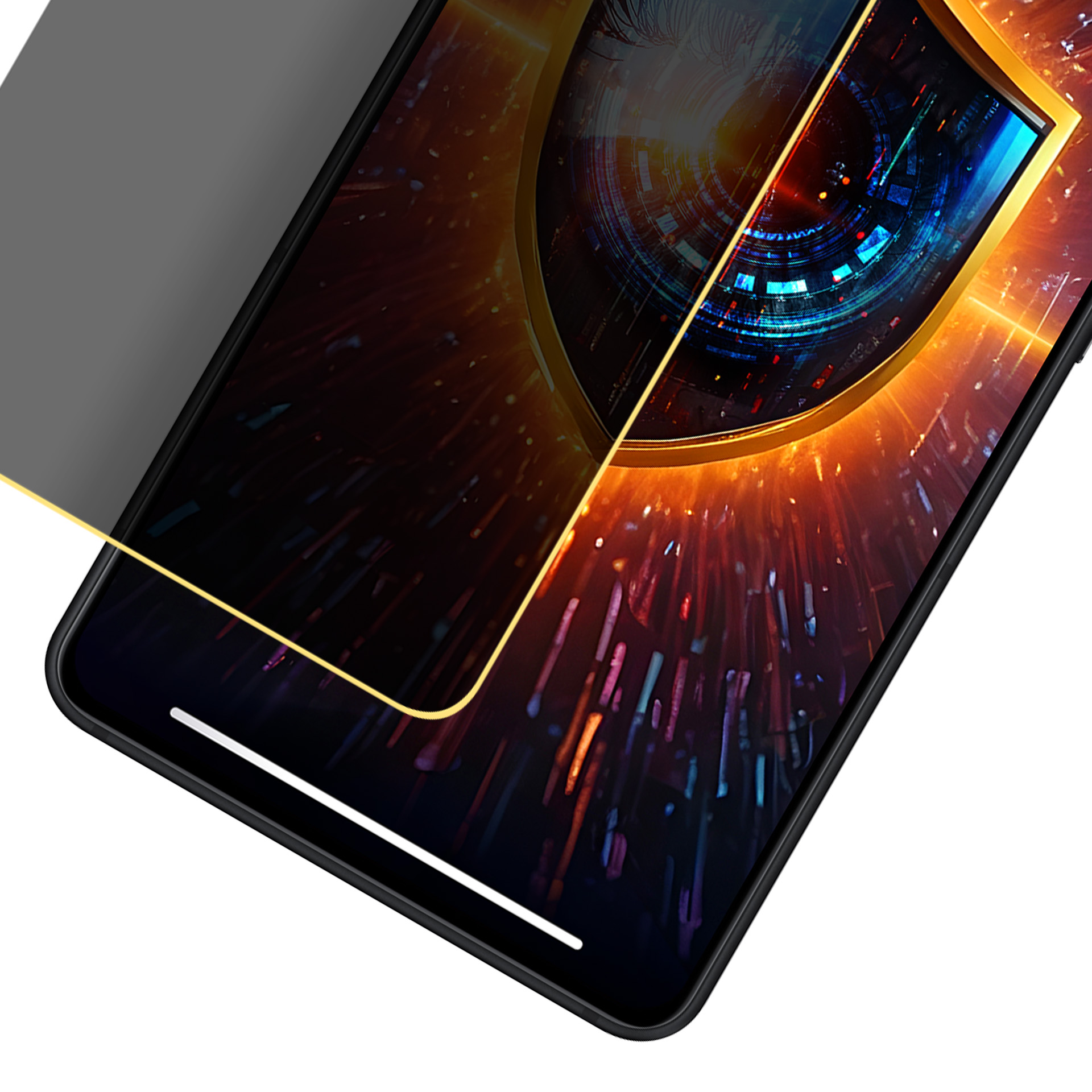 Schermo di smartphone con opera d'arte astratta. Una cornice dorata circonda il display. Sfondo scuro con striature luminose.