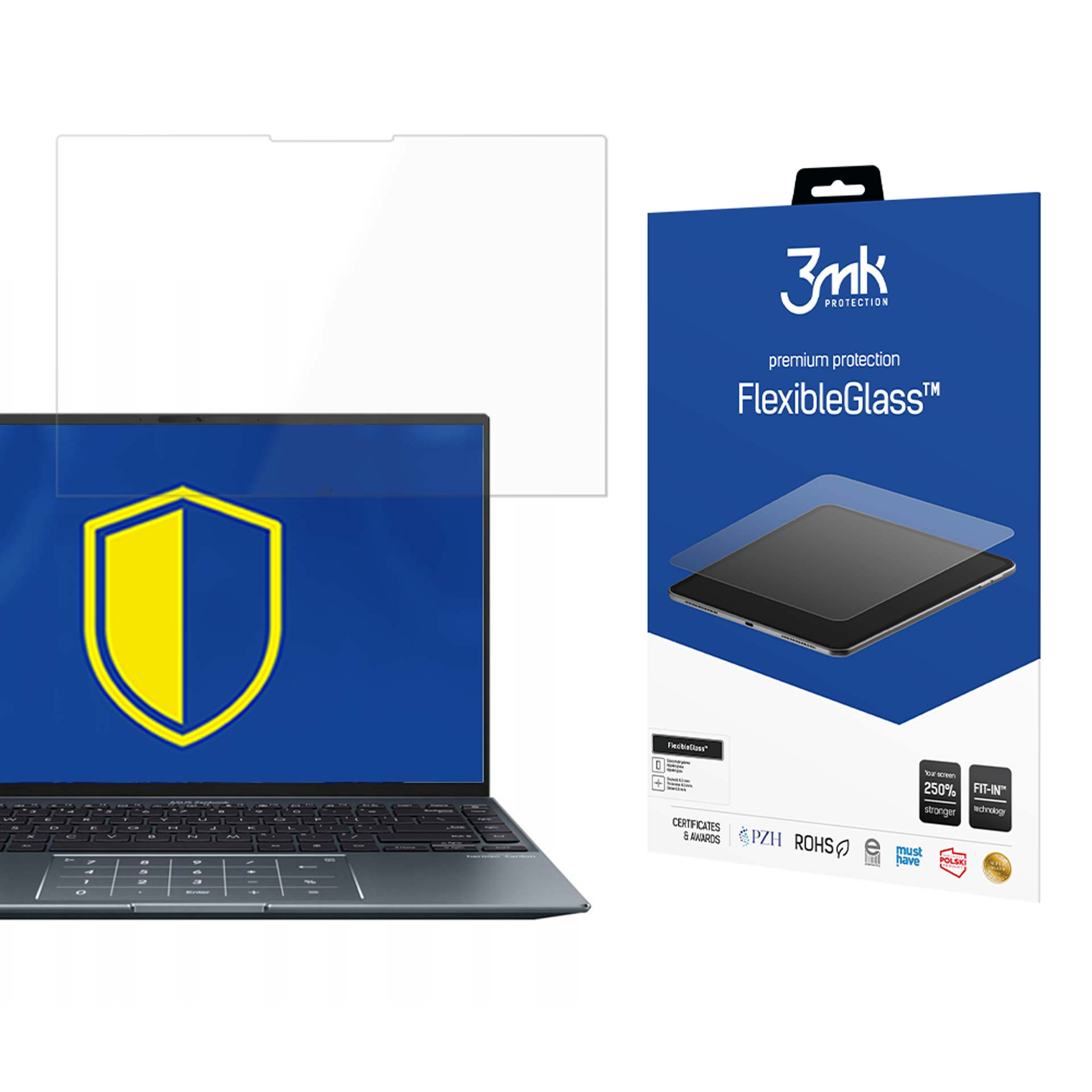 Laptop con protezione schermo e scatola. La scatola mostra un tablet e la scritta 'FlexibleGlass'. Logo scudo sullo schermo.