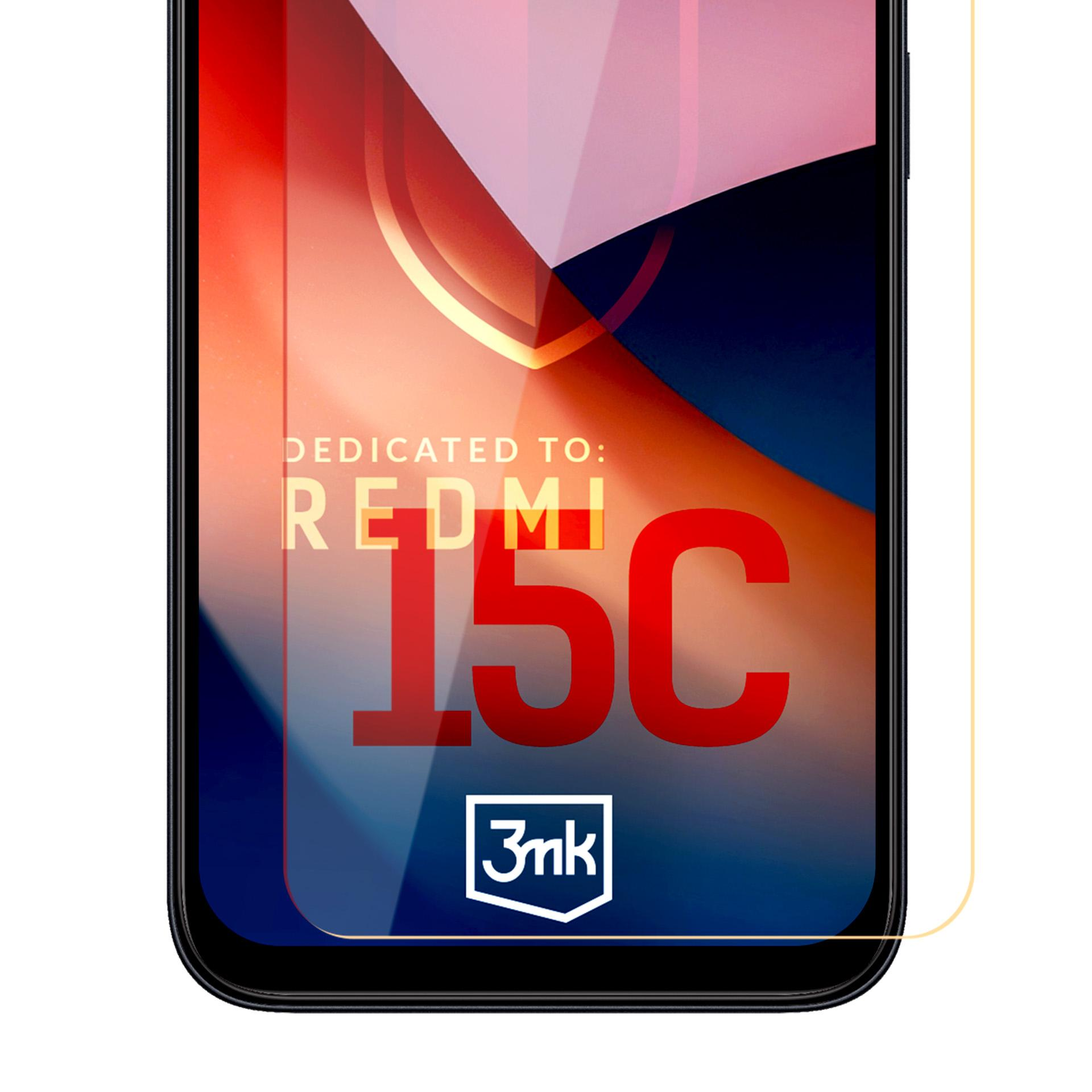 Proteggi schermo con logo REDMI 15C, marchio 3mk e sfondo sfumato rosso, blu e bianco.