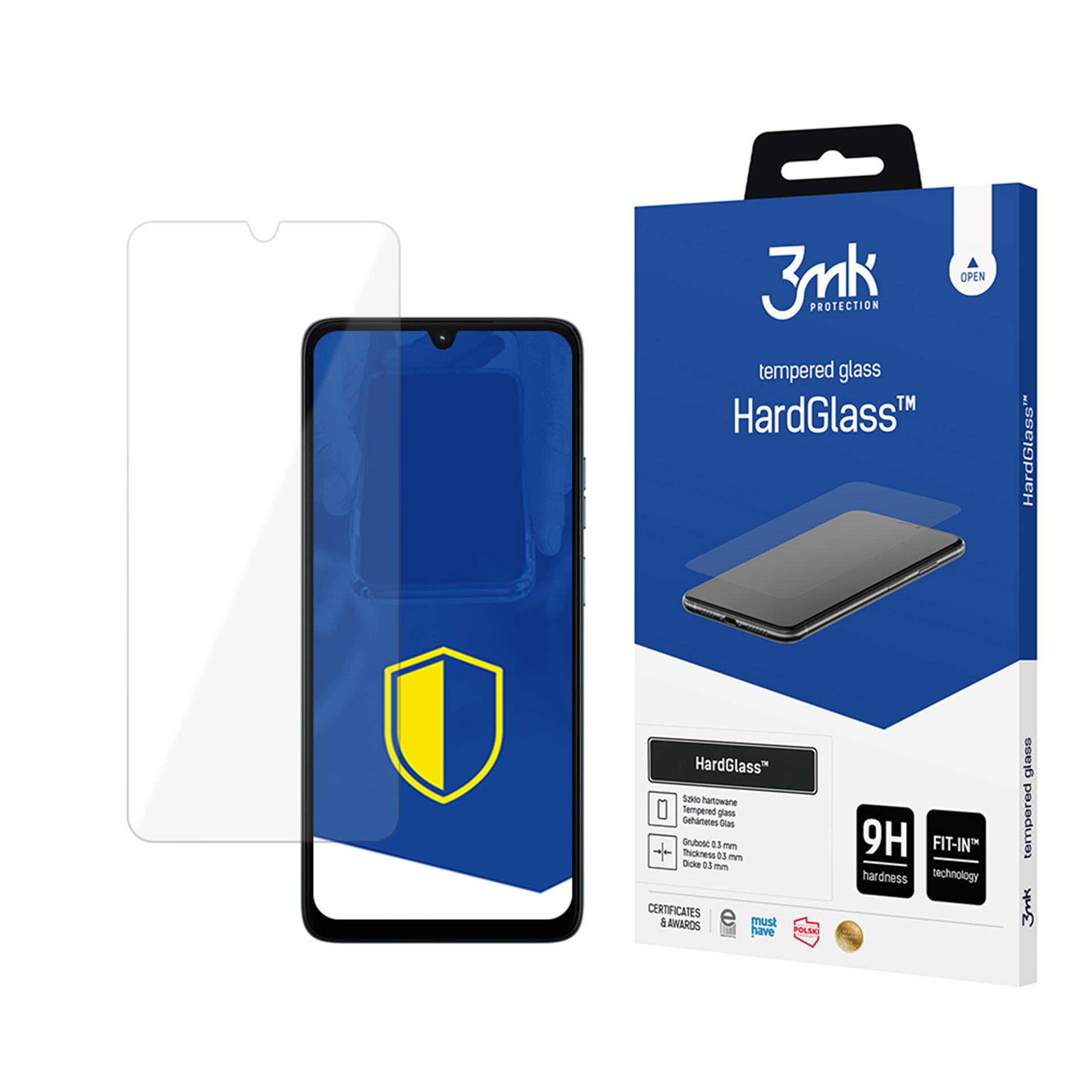 Un telefono e una confezione di protezione schermo. Il telefono mostra uno schermo blu, la scatola dice 'HardGlass'.