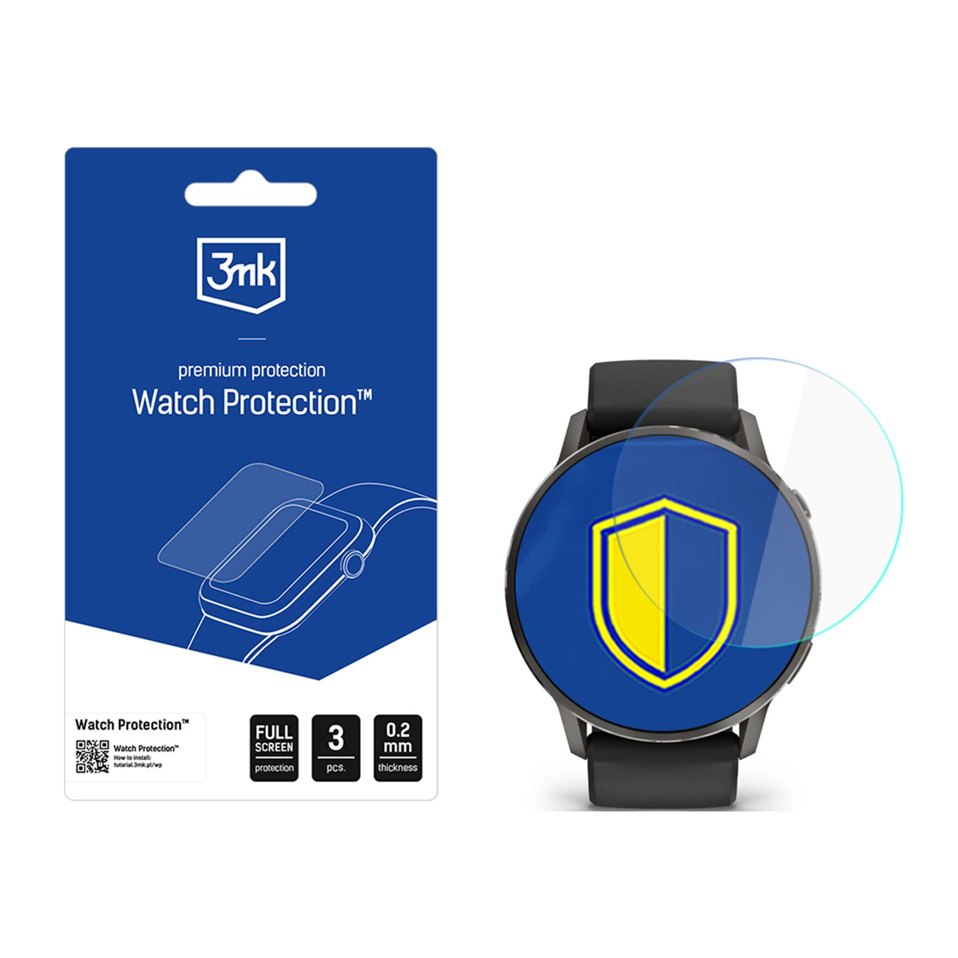 Un orologio e una confezione di protezione schermo. Il quadrante mostra uno scudo blu con centro giallo. L'imballaggio è blu.