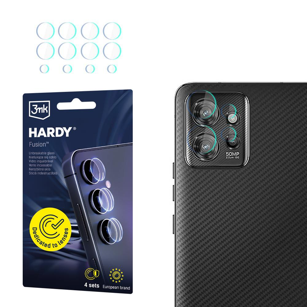 Telefon i ochraniacze ekranu. Na pudełku ochraniacza napis 'HARDY Fusion' i 'Dedicated to lenses'. Telefon ma 3 aparaty.