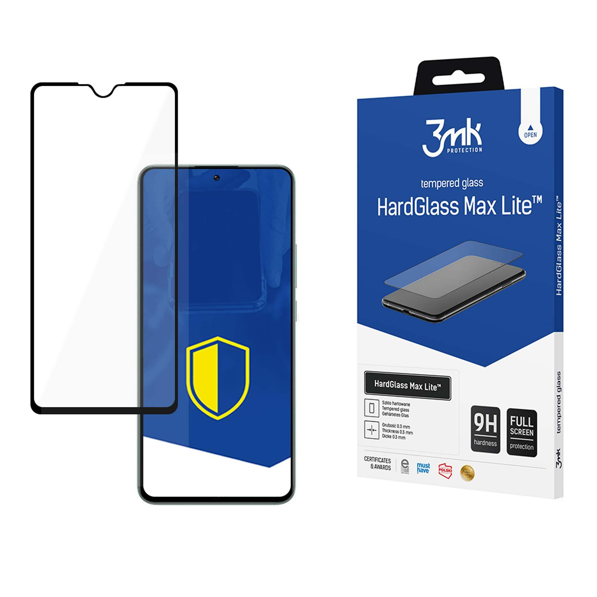 Proteggi schermo in vetro temperato accanto a un telefono. La scatola pubblicizza HardGlass Max Lite.
