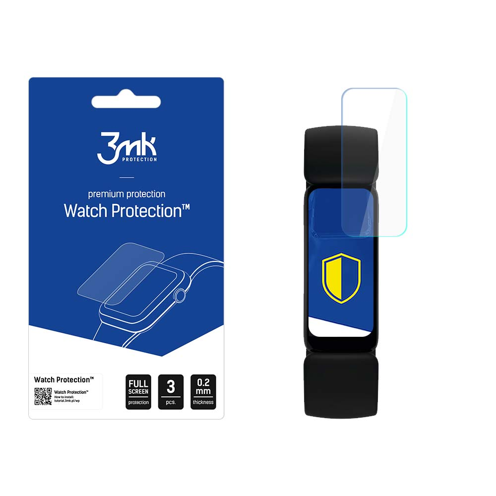 Confezione del prodotto per la protezione dello schermo dell'orologio. Colori blu e bianco. Include la protezione e la confezione con logo e dettagli del prodotto.