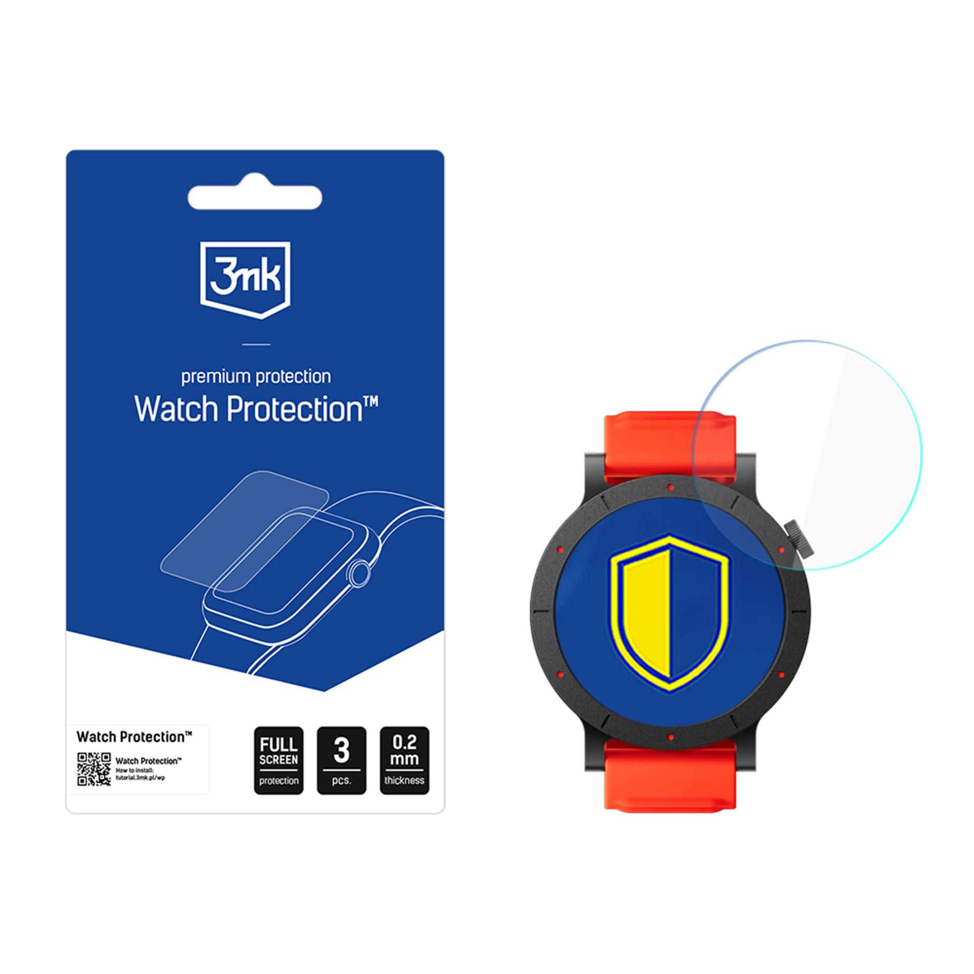 Zegarek z ochraniaczem ekranu, opakowanie produktu po lewej stronie. Zegarek ma niebieską tarczę z żółtym środkiem.