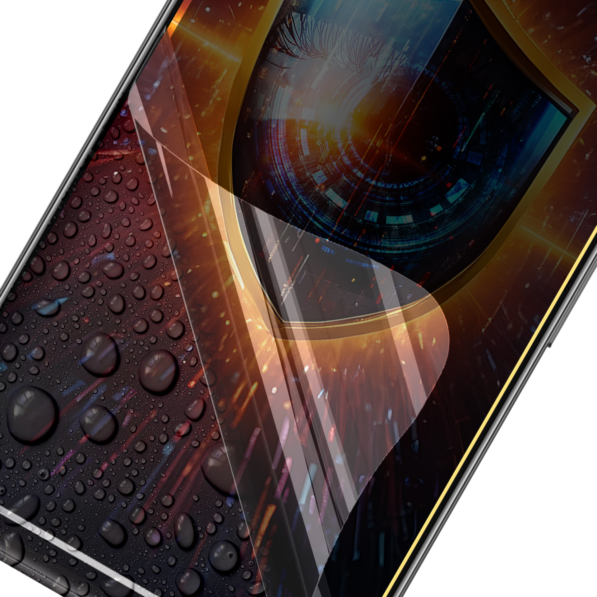 Proteggi schermo del telefono con gocce d'acqua. Sfondo astratto con occhio e design digitale.