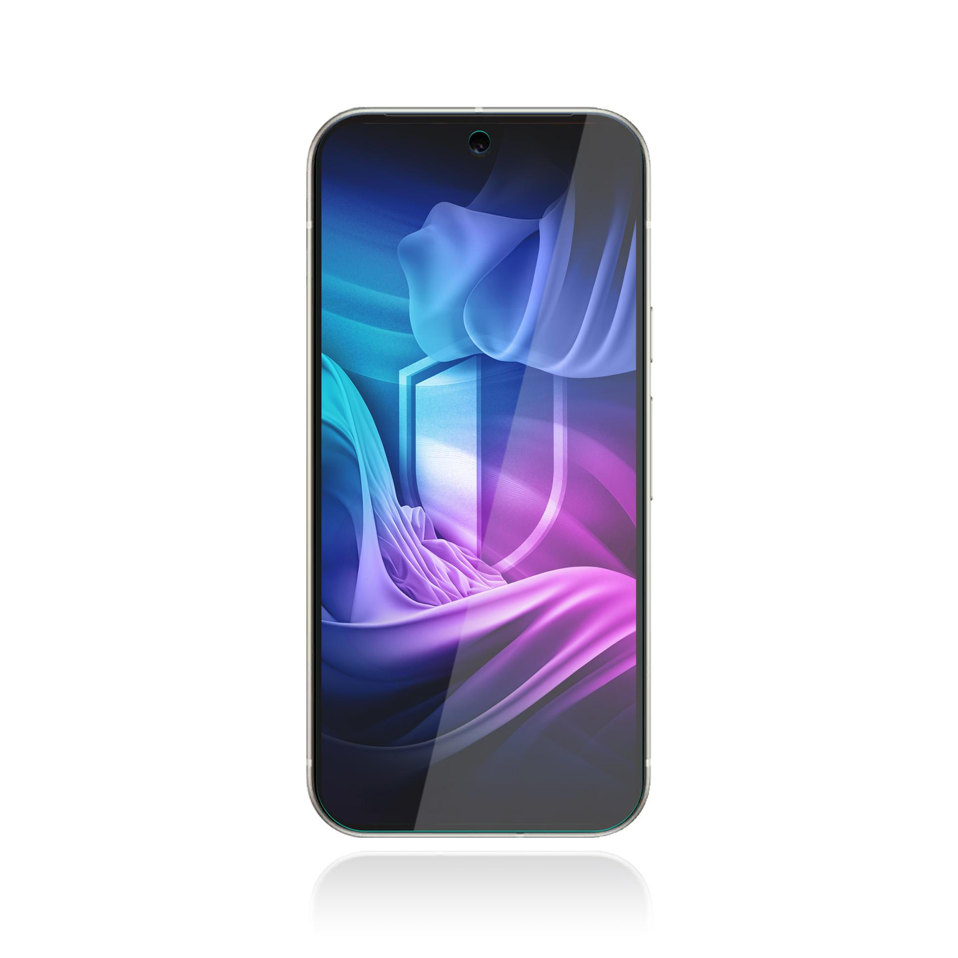 Smartfon z kolorowym, abstrakcyjnym tłem w odcieniach niebieskiego, fioletowego i różowego. Telefon odbija się poniżej.
