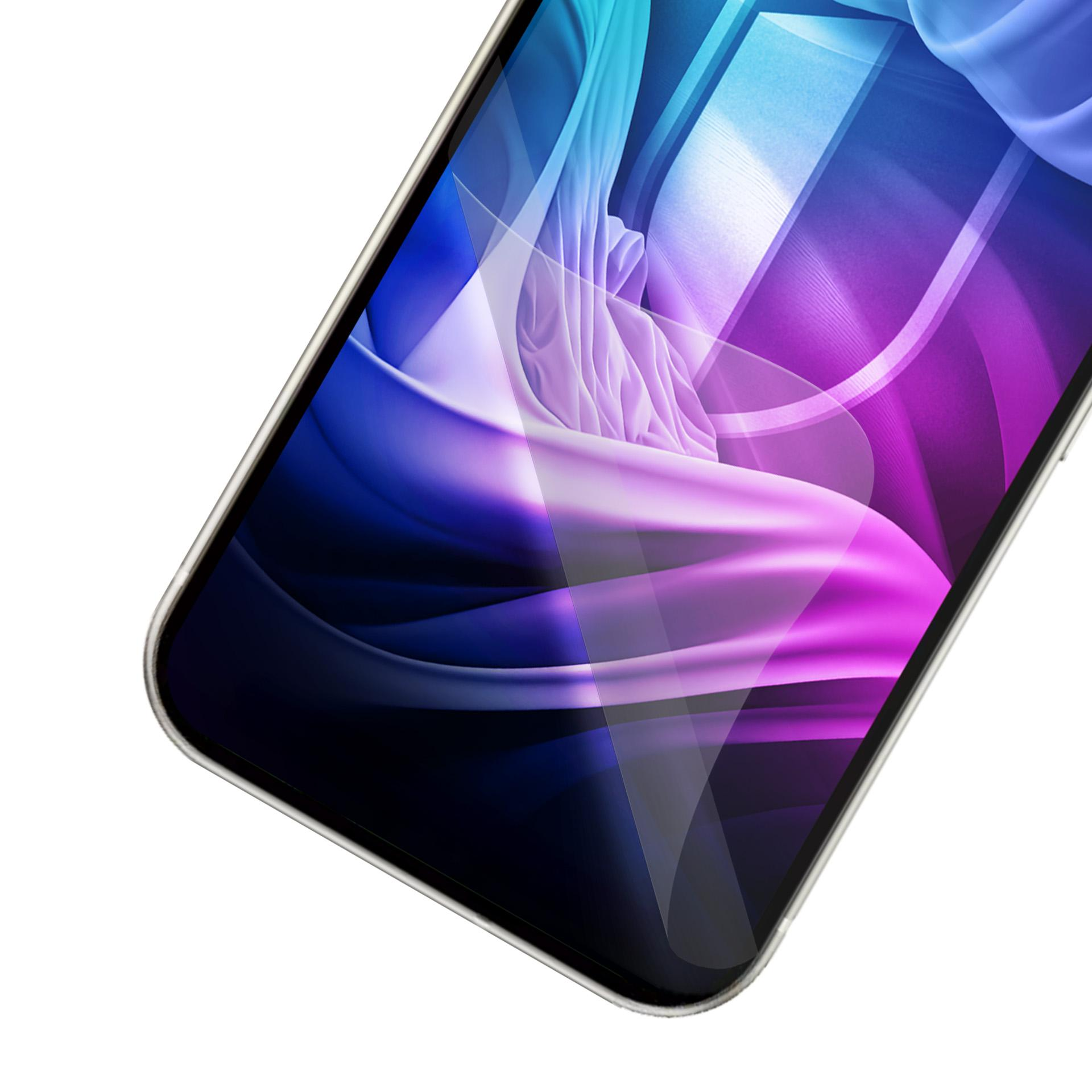 Smartfon z abstrakcyjnym fioletowo-niebieskim wzorem na ekranie. Telefon jest pod kątem, z białym tłem.