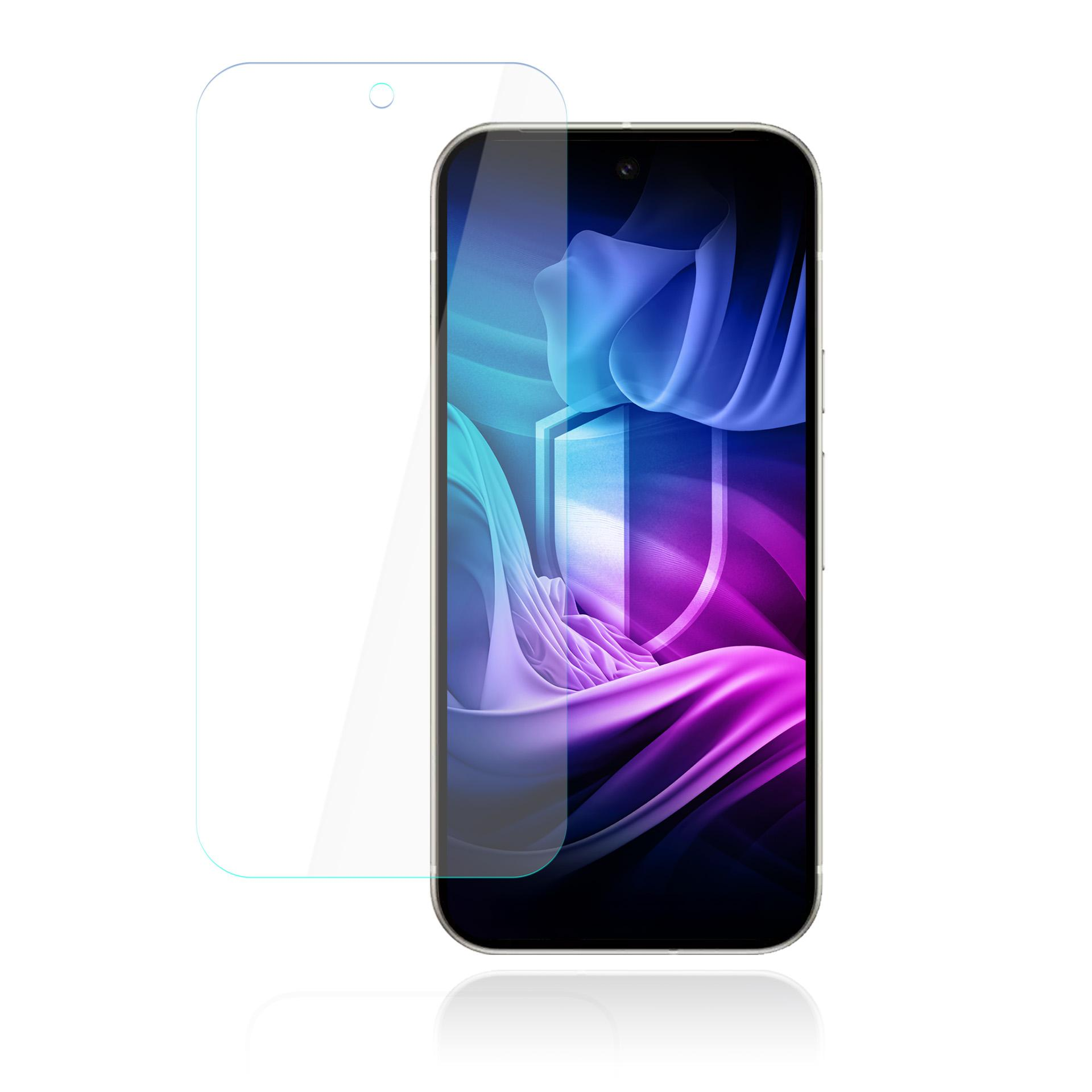 Smartfon z ochraniaczem ekranu. Ekran pokazuje niebieski, fioletowy i różowy abstrakcyjny design.