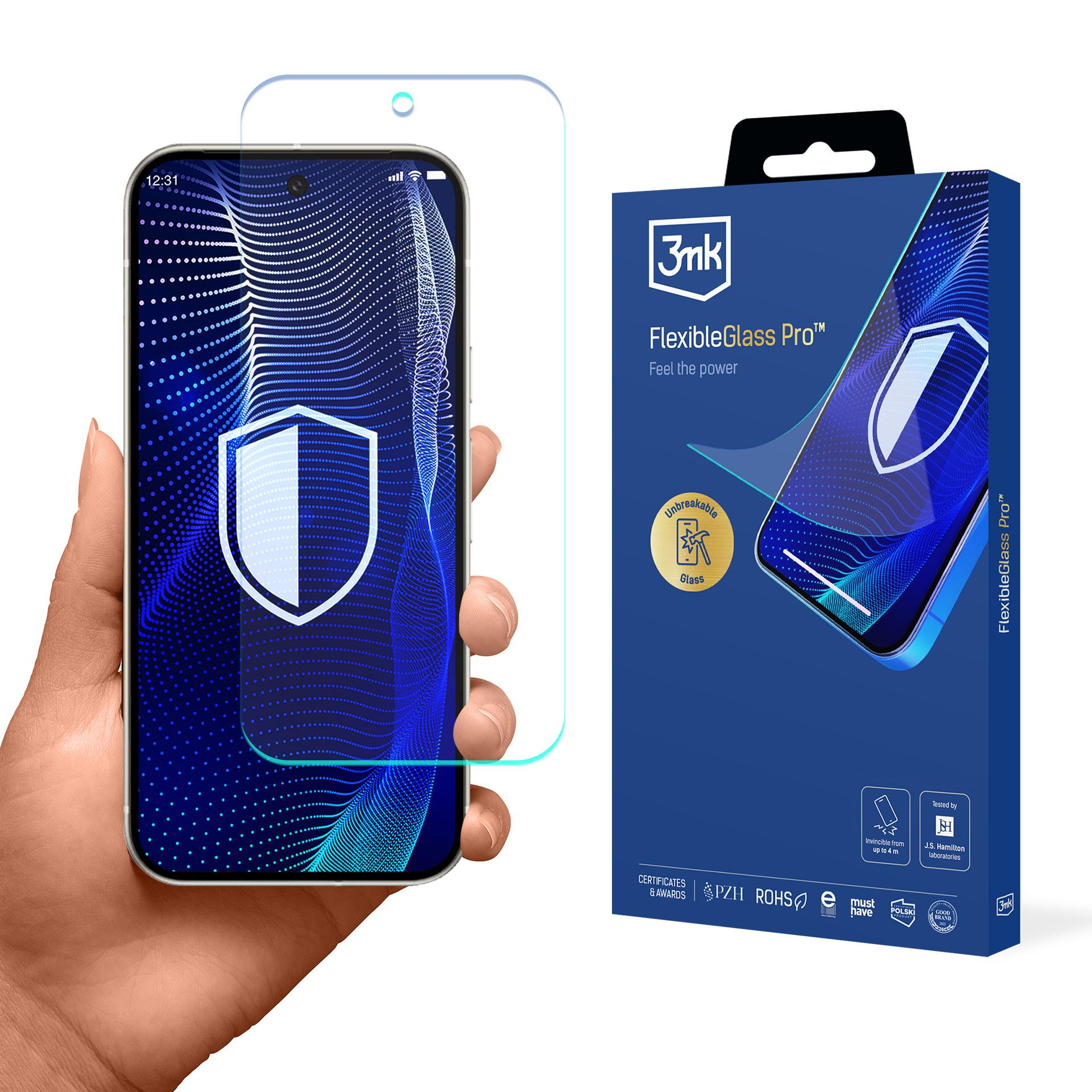 Una mano tiene un telefono con protezione schermo accanto a una confezione del prodotto. Entrambi mostrano 'FlexibleGlass Pro'.