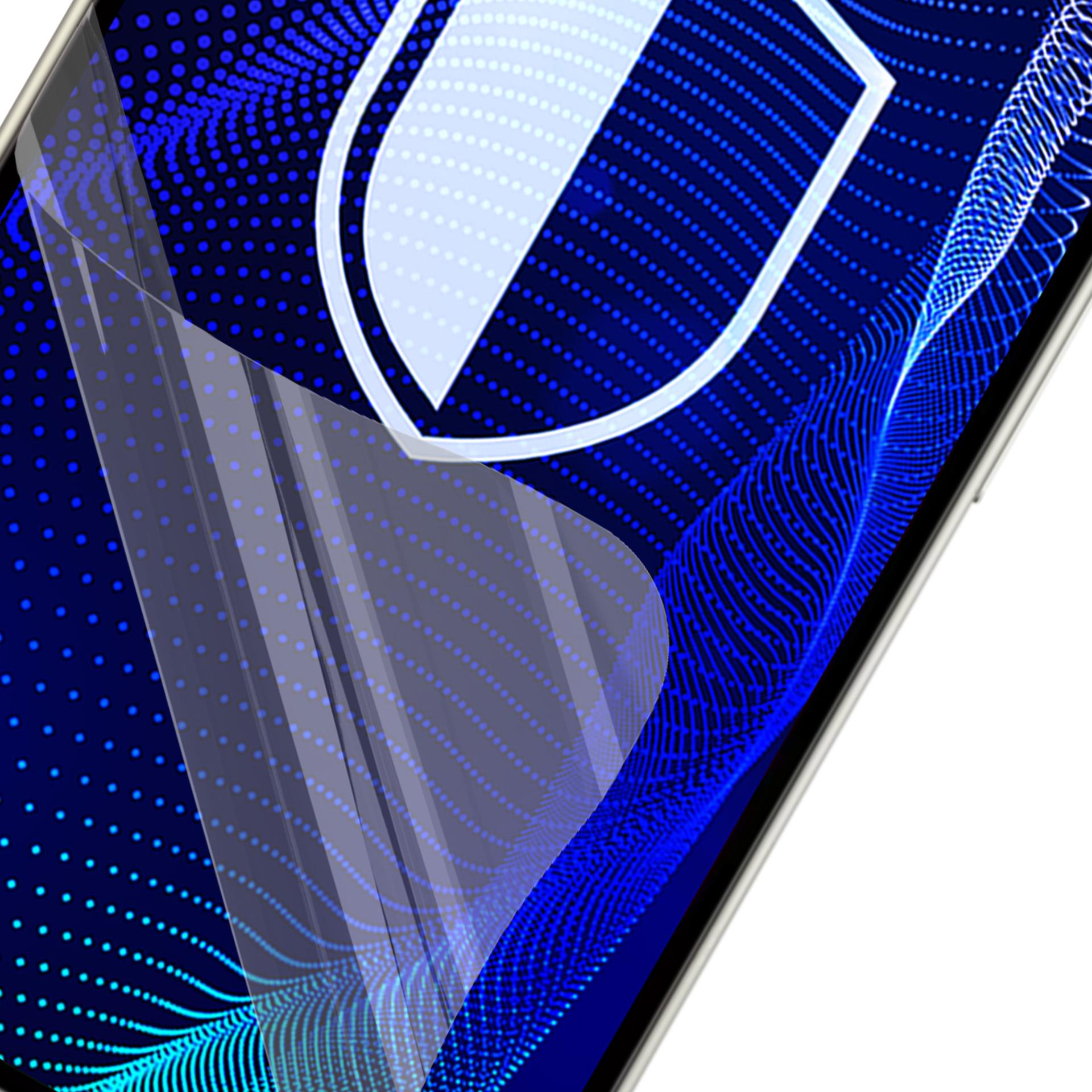 Schermo di un telefono che mostra un motivo a punti blu con uno scudo bianco. È applicata una protezione schermo.