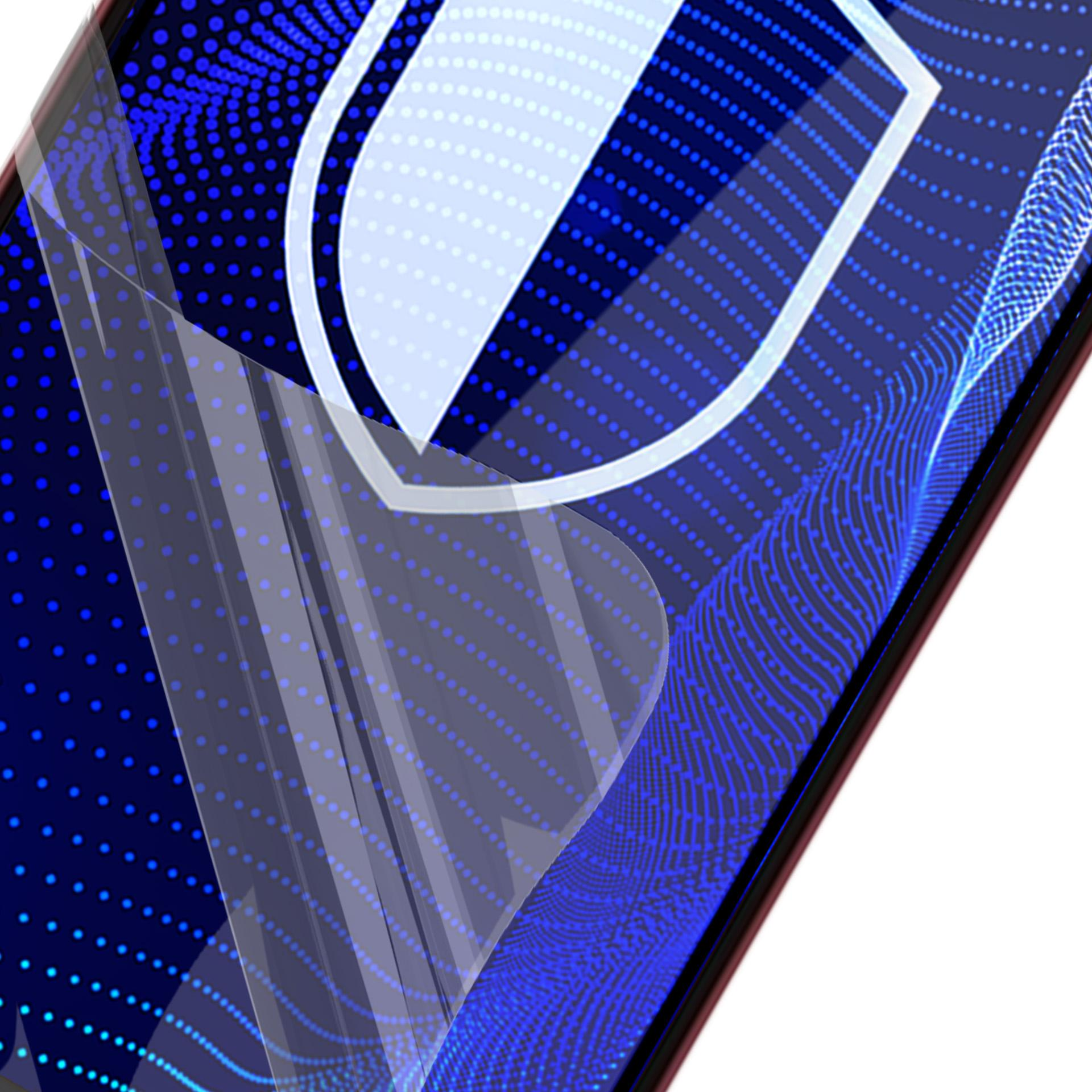 Una pantalla de teléfono con una película protectora que se despega. El fondo tiene un patrón azul y un escudo blanco.