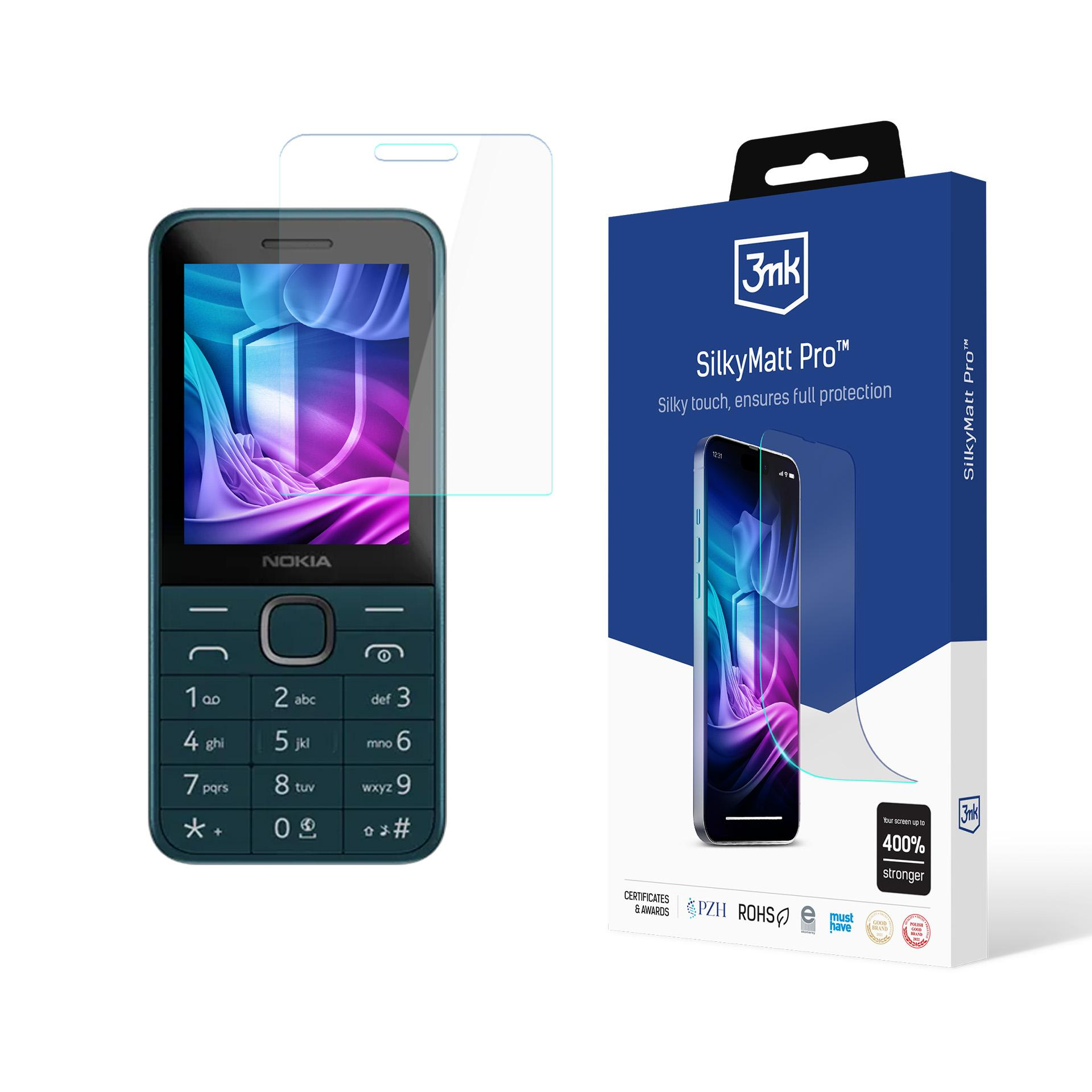 Telefon Nokia z ochroną ekranu, obok pudełka 3mk SilkyMatt Pro. Ekran telefonu pokazuje fioletowy wzór.