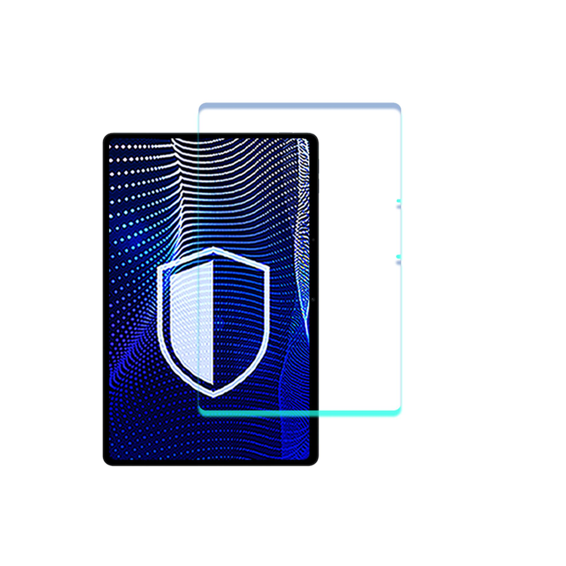 Una protezione per lo schermo del tablet con un'icona a scudo. Lo schermo mostra un design blu. Un protettore trasparente è di lato.