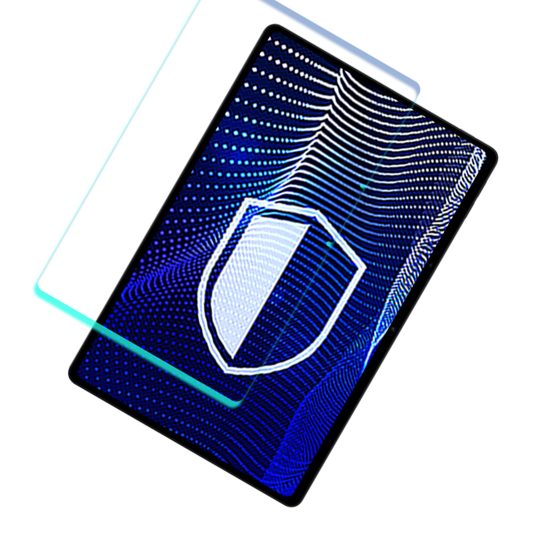 Schermo del tablet con un'icona a scudo. C'è una protezione per lo schermo sopra. Lo sfondo è bianco.