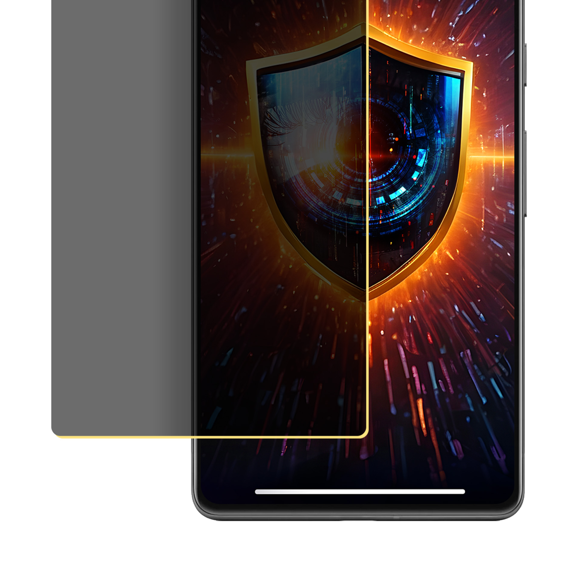 Smartphone con protezione schermo. Grafica scudo, cornice dorata. Protezione grigia copre la sinistra.
