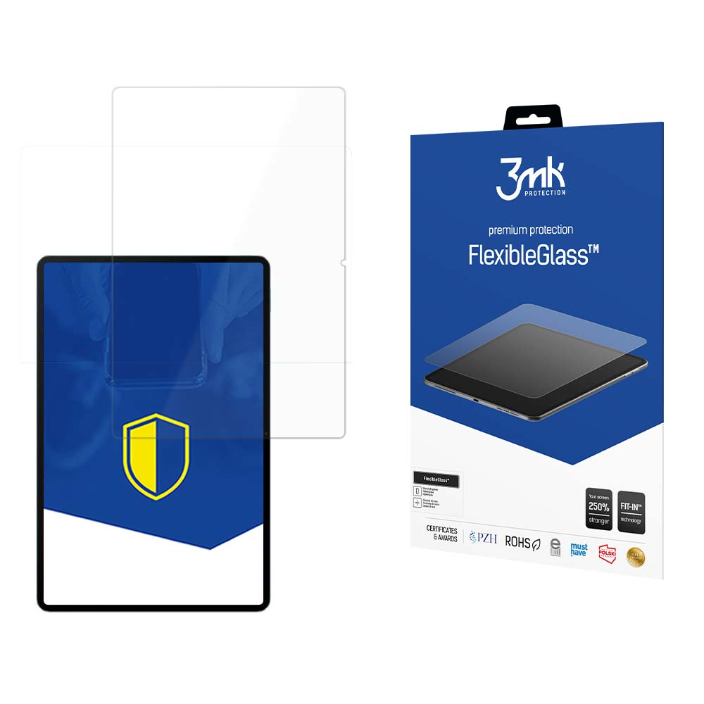 Una scatola di protezione schermo per tablet e un tablet con protezione. La scatola è blu con testo, la protezione è trasparente.