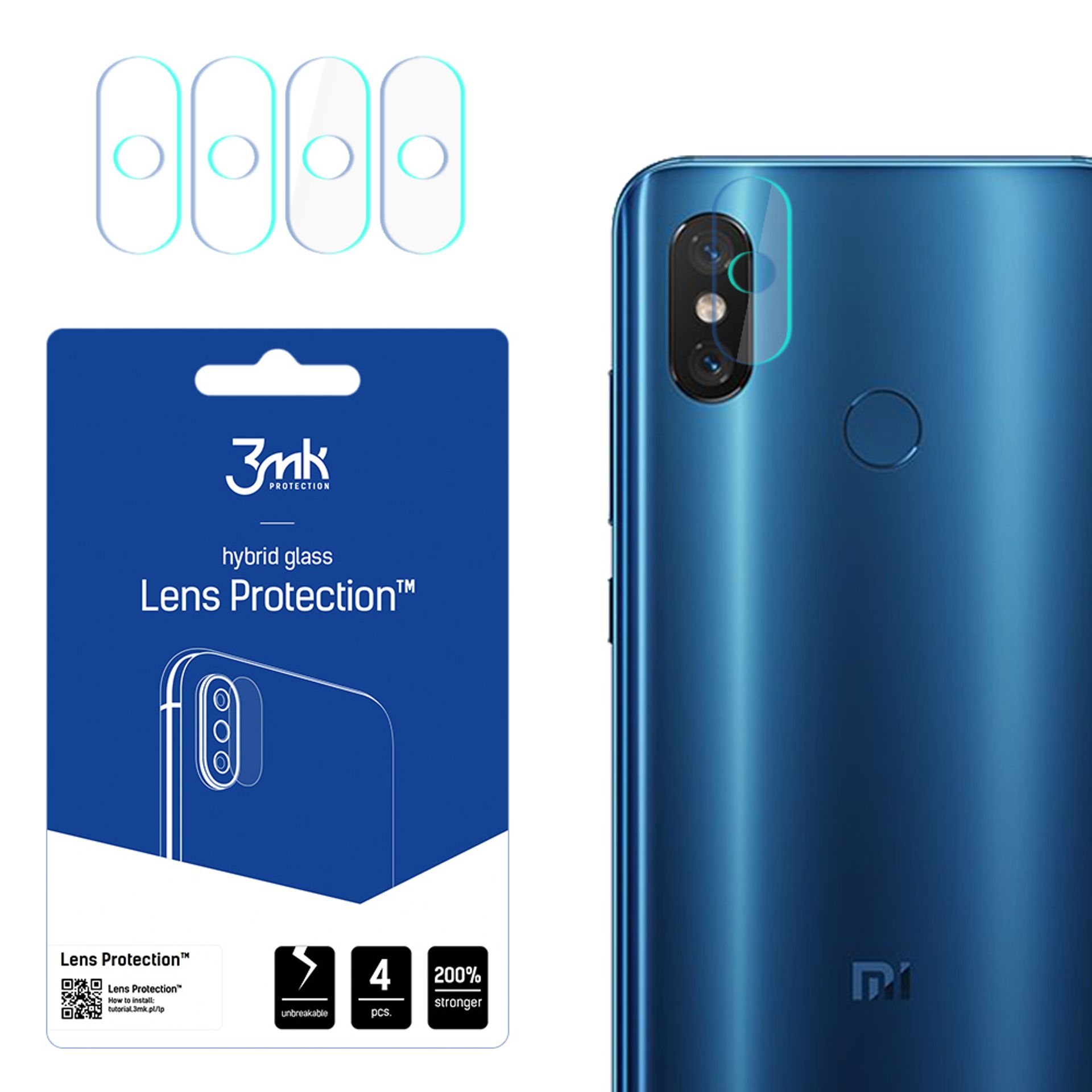 Vengono mostrati un telefono e protezioni per lenti. Le protezioni sono sopra una confezione del prodotto che dice Protezione lenti.