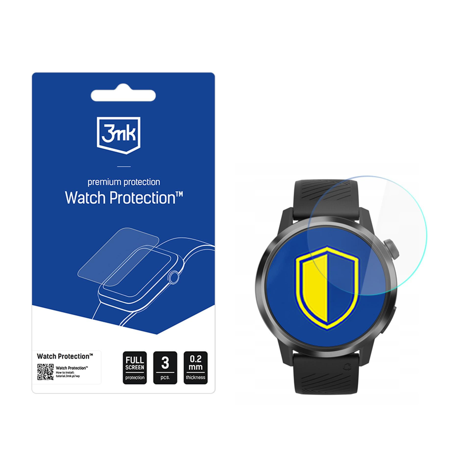 Smartwatch z ochraniaczem ekranu, opakowanie produktu po lewej. Zegarek pokazuje niebieską tarczę.